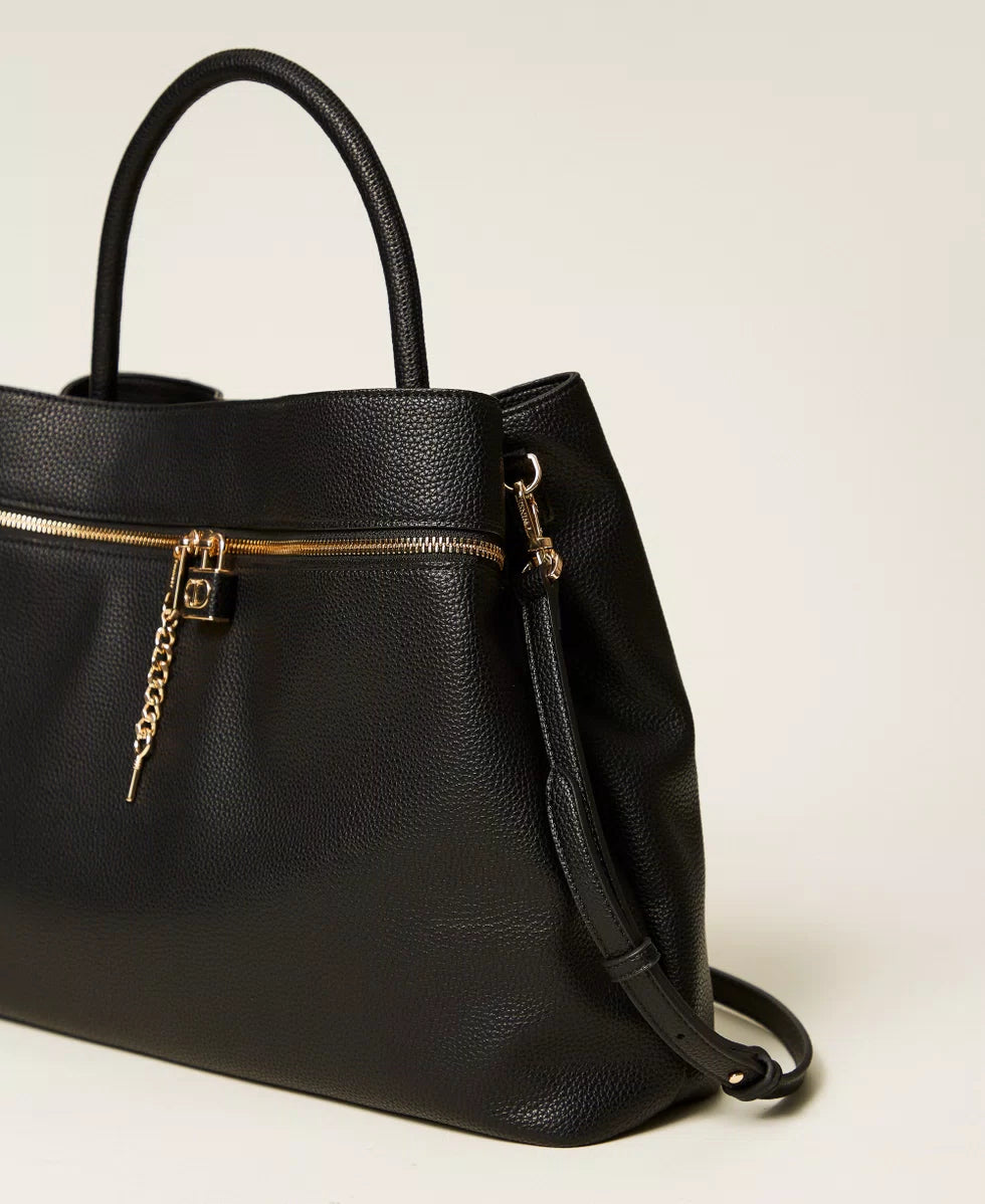 Borsa shopper con tasca e lock Oval T