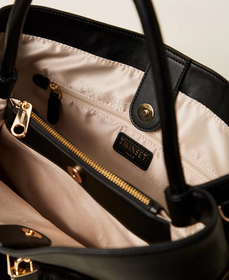 Borsa shopper in faux fur con lock Oval T