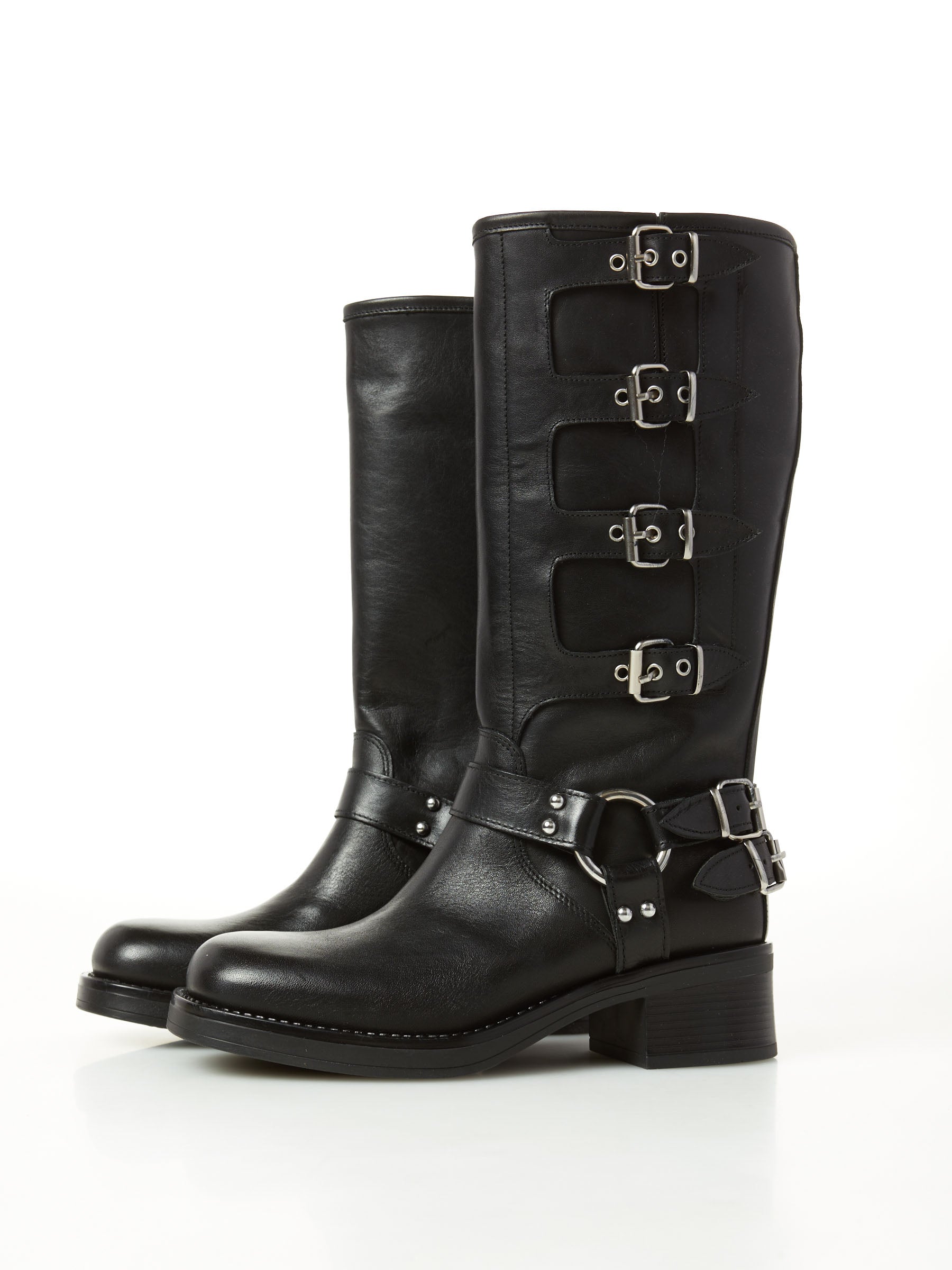 Biker alto in pelle con fibbie