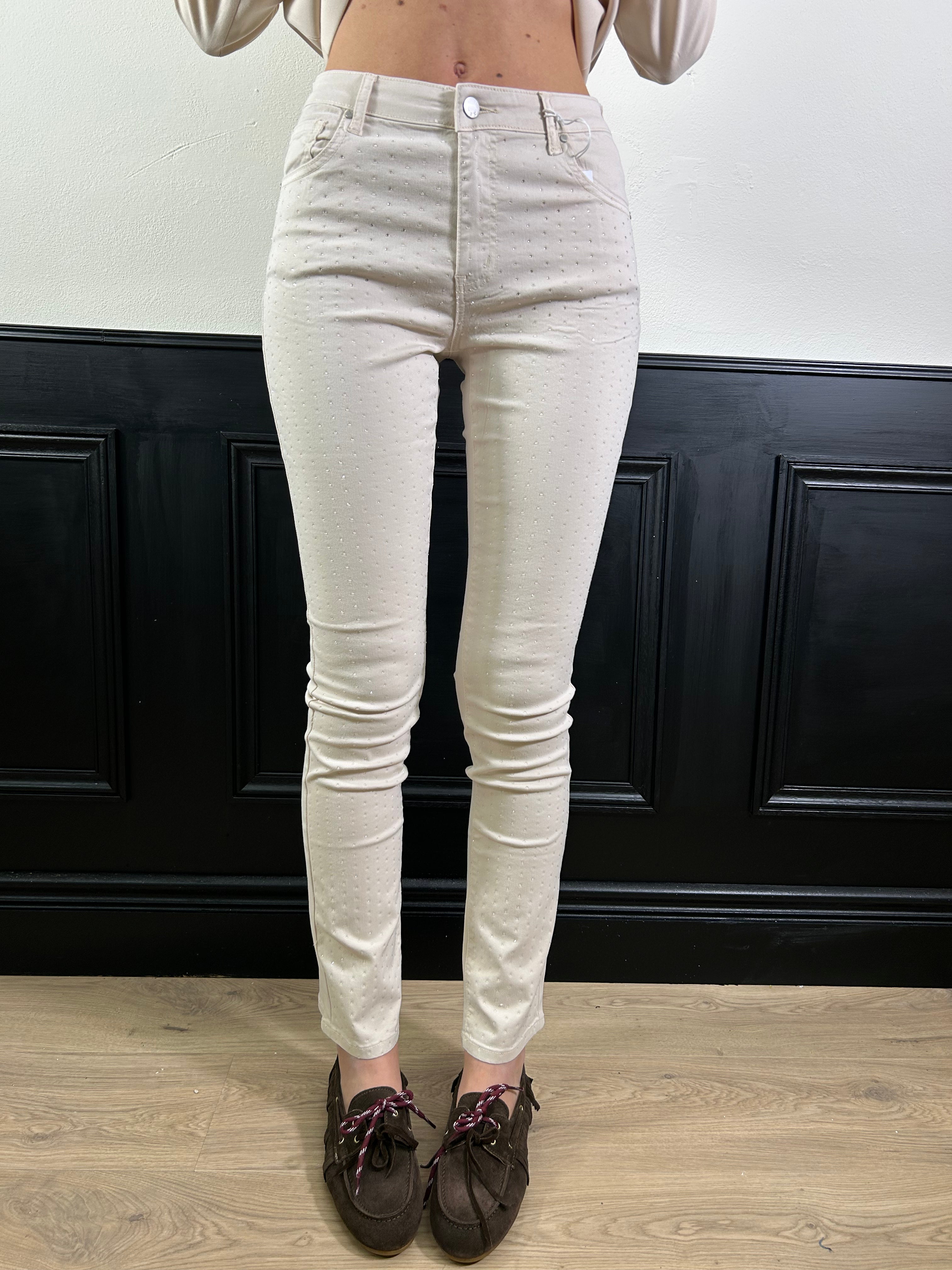 Jeans Elle skinny con strass sabbia