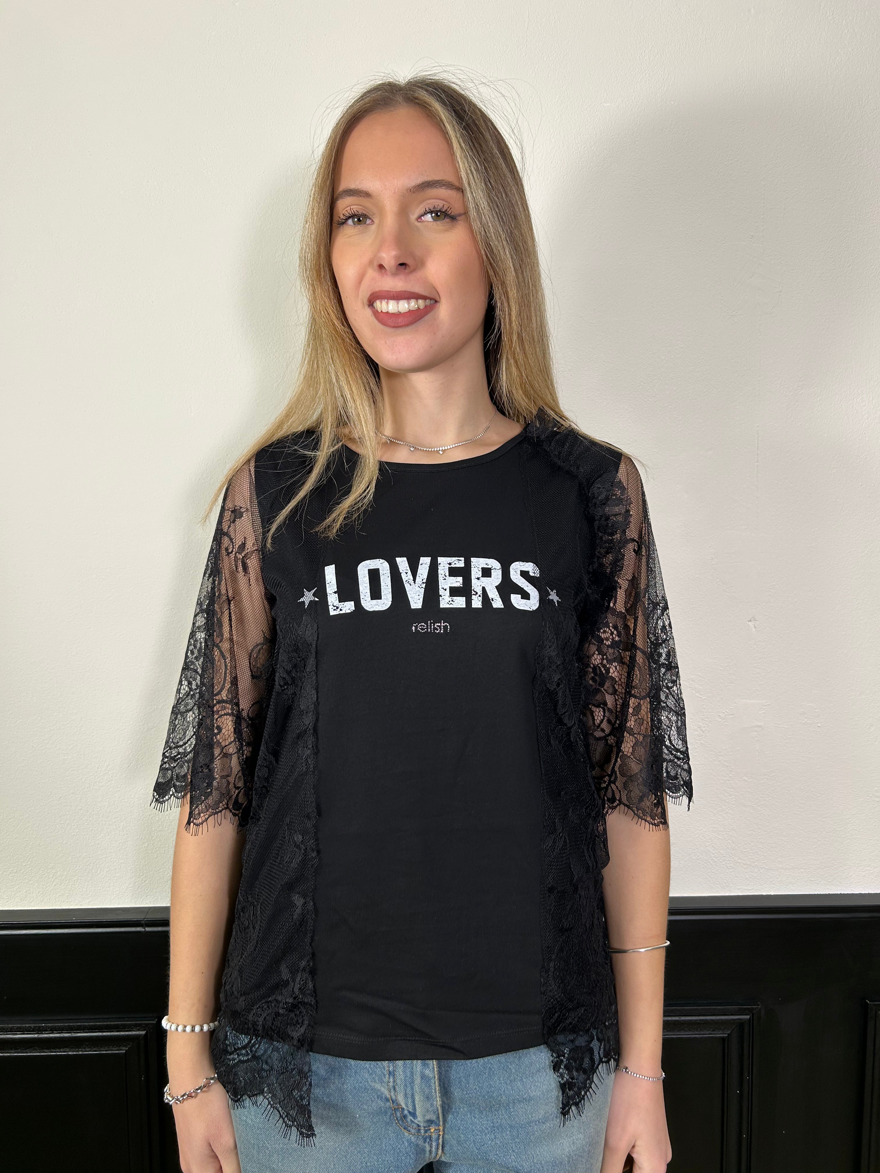 T-shirt Mascara con pizzo e scritta nero