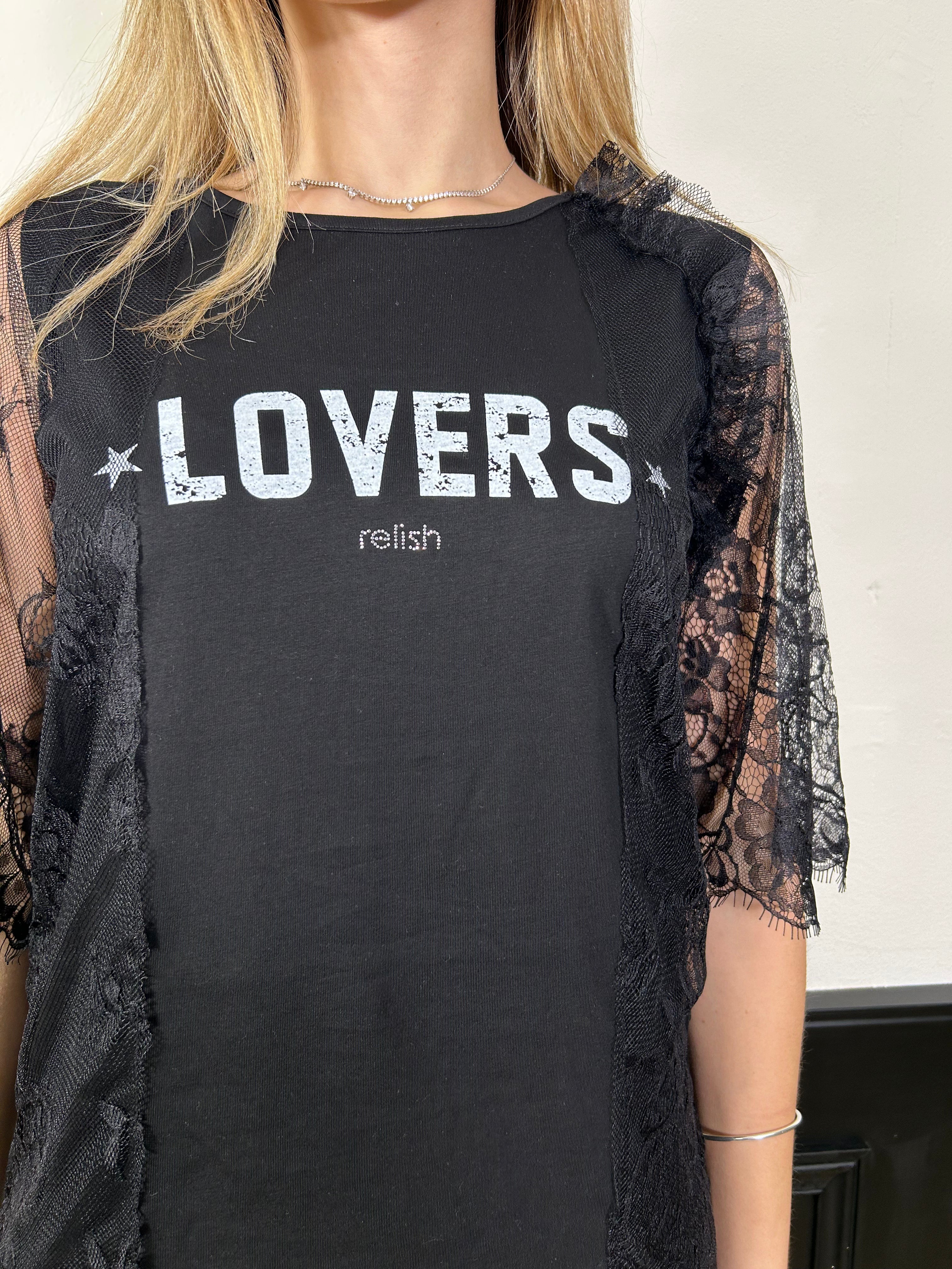 T-shirt Mascara con pizzo e scritta nero