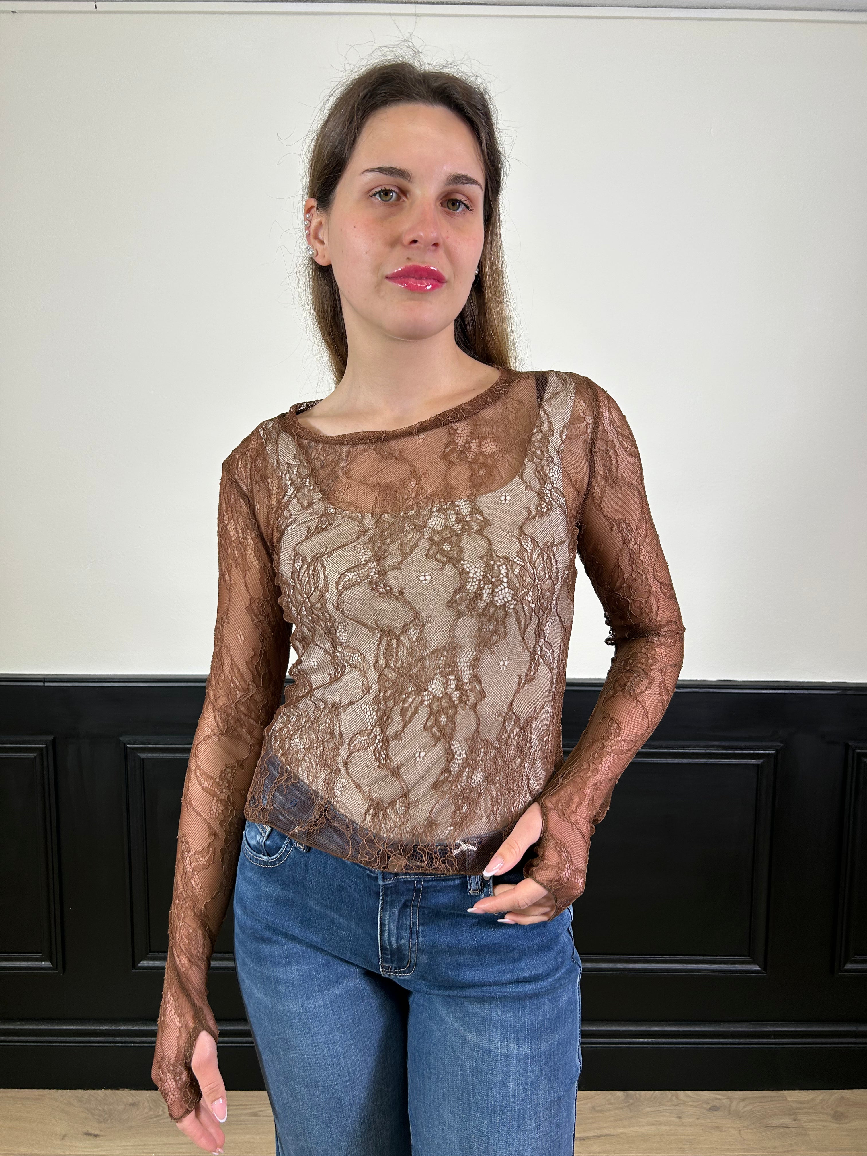 Maglia aderente con pizzo marrone