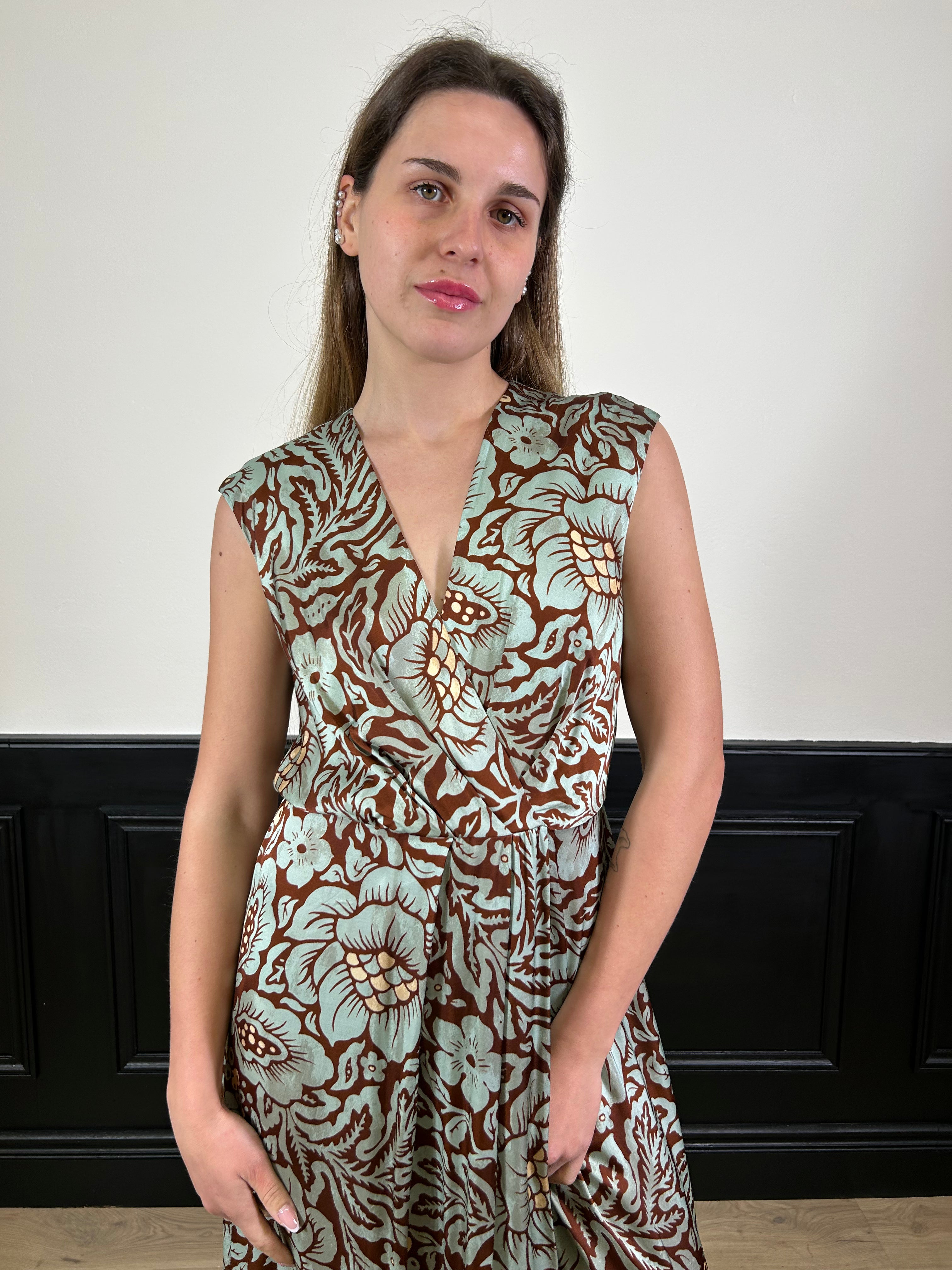 Abito jacquard fantasia foglie con frange