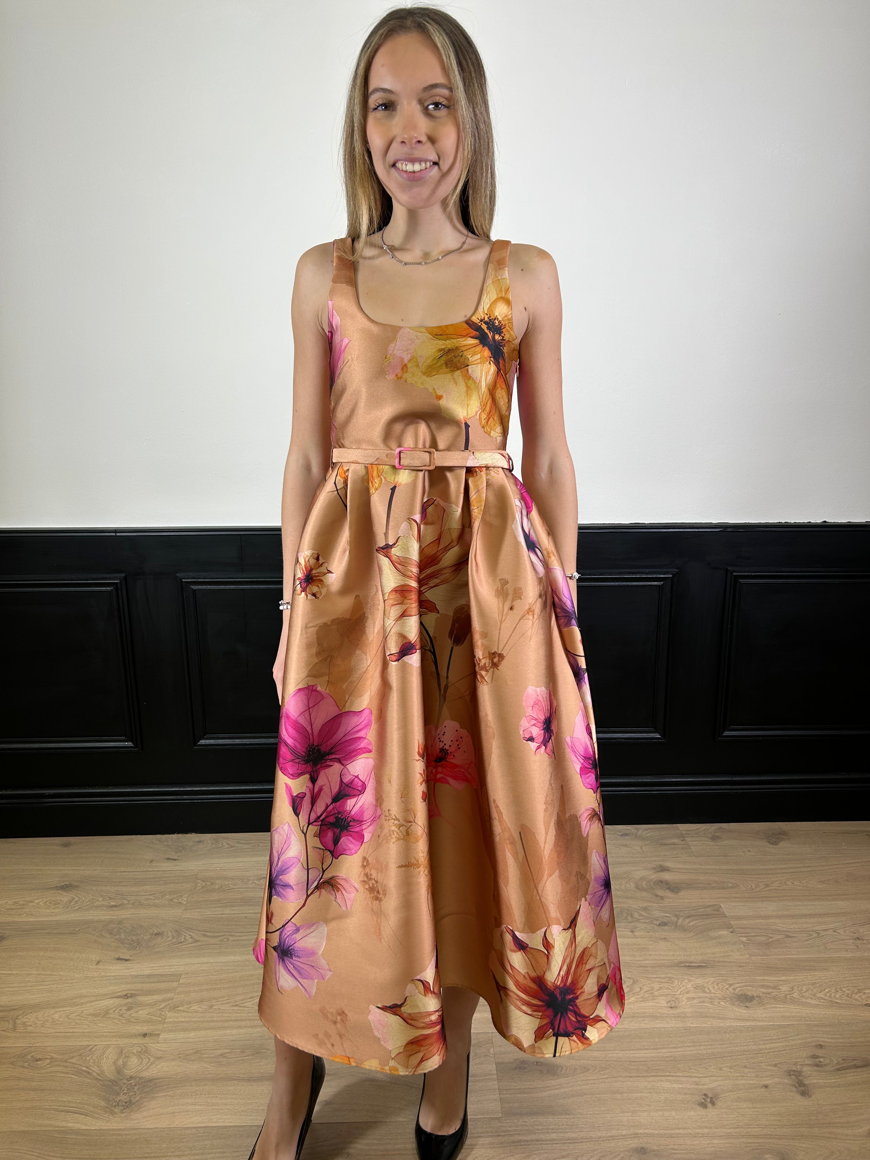 Abito lungo in tafftà fantasia floreale