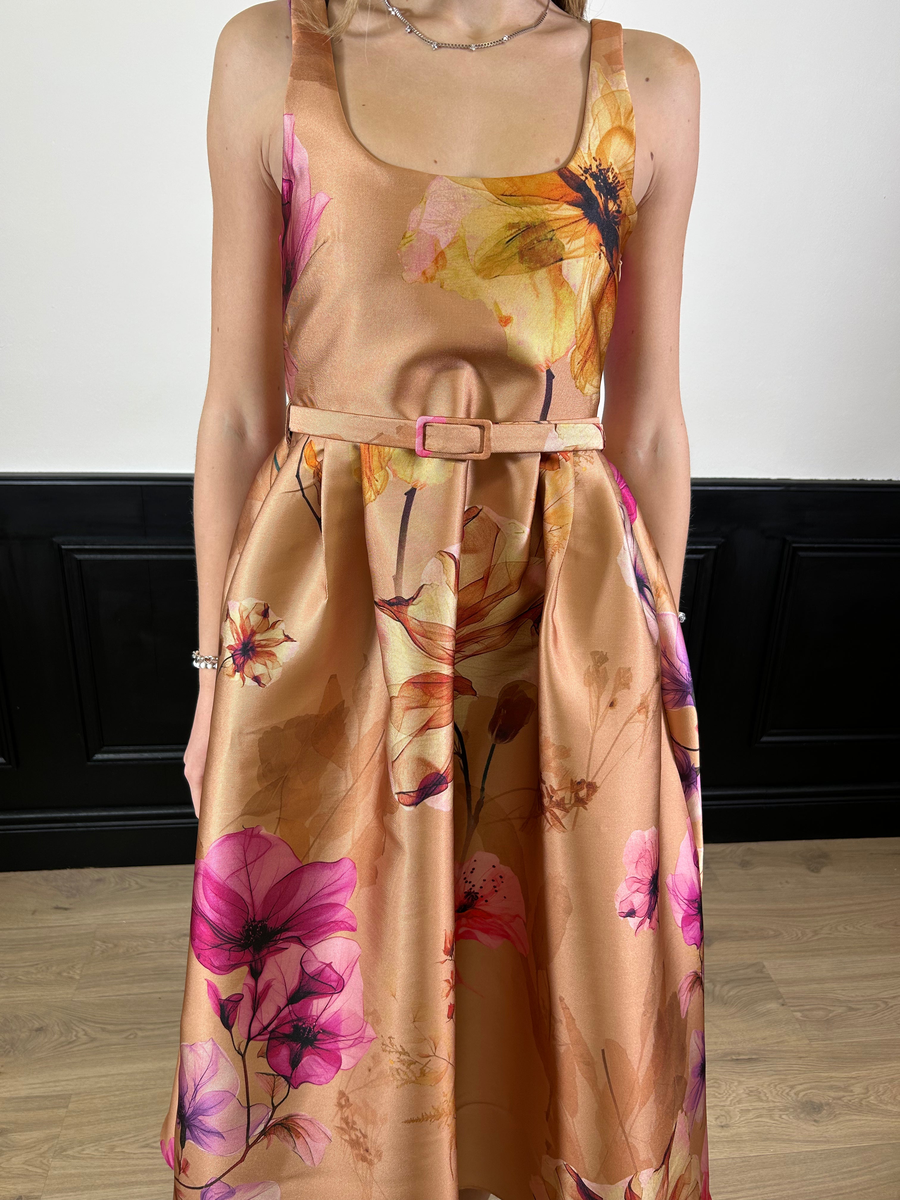 Abito lungo in tafftà fantasia floreale