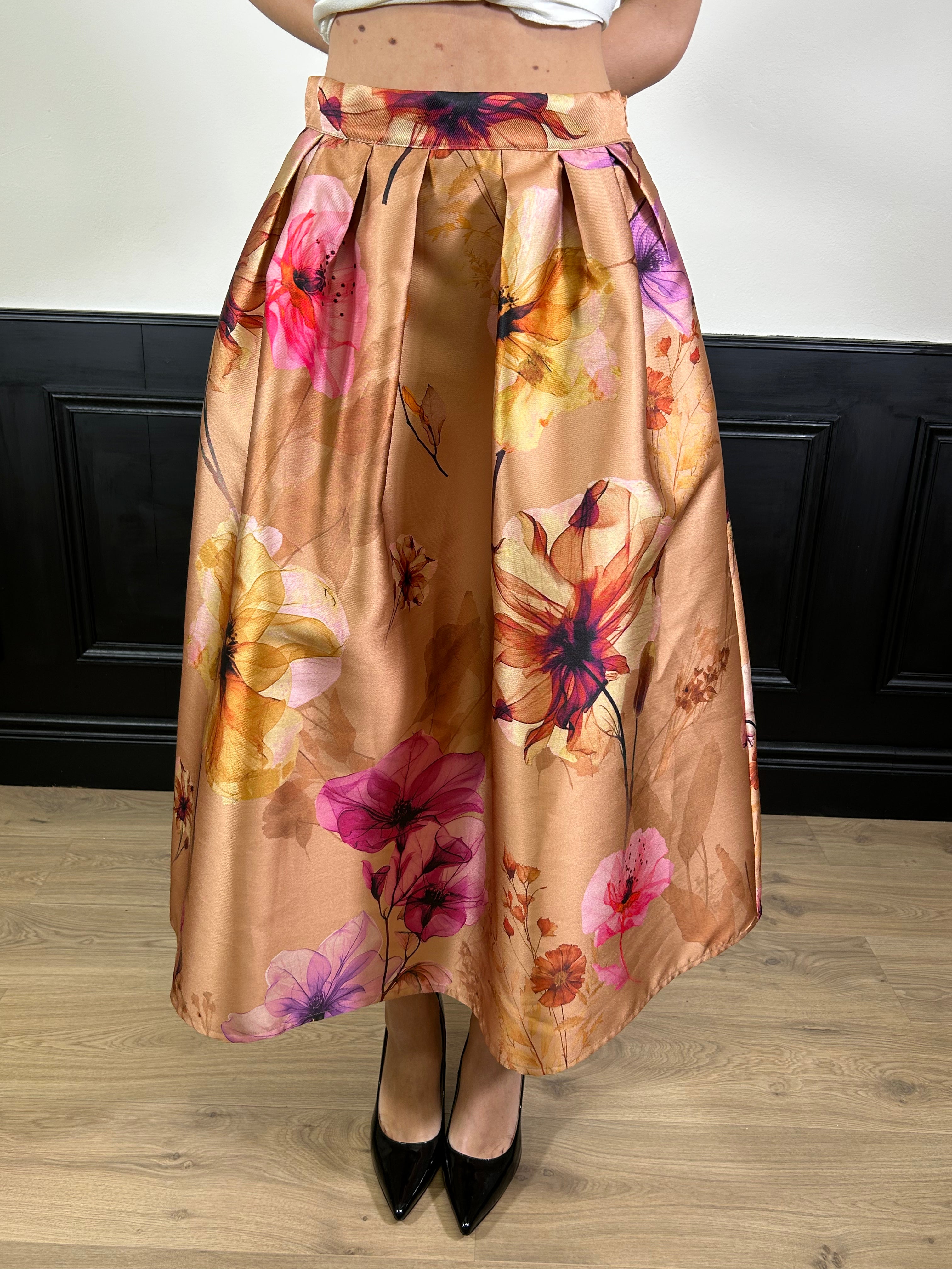 Gonna lunga in tafftà fantasia floreale