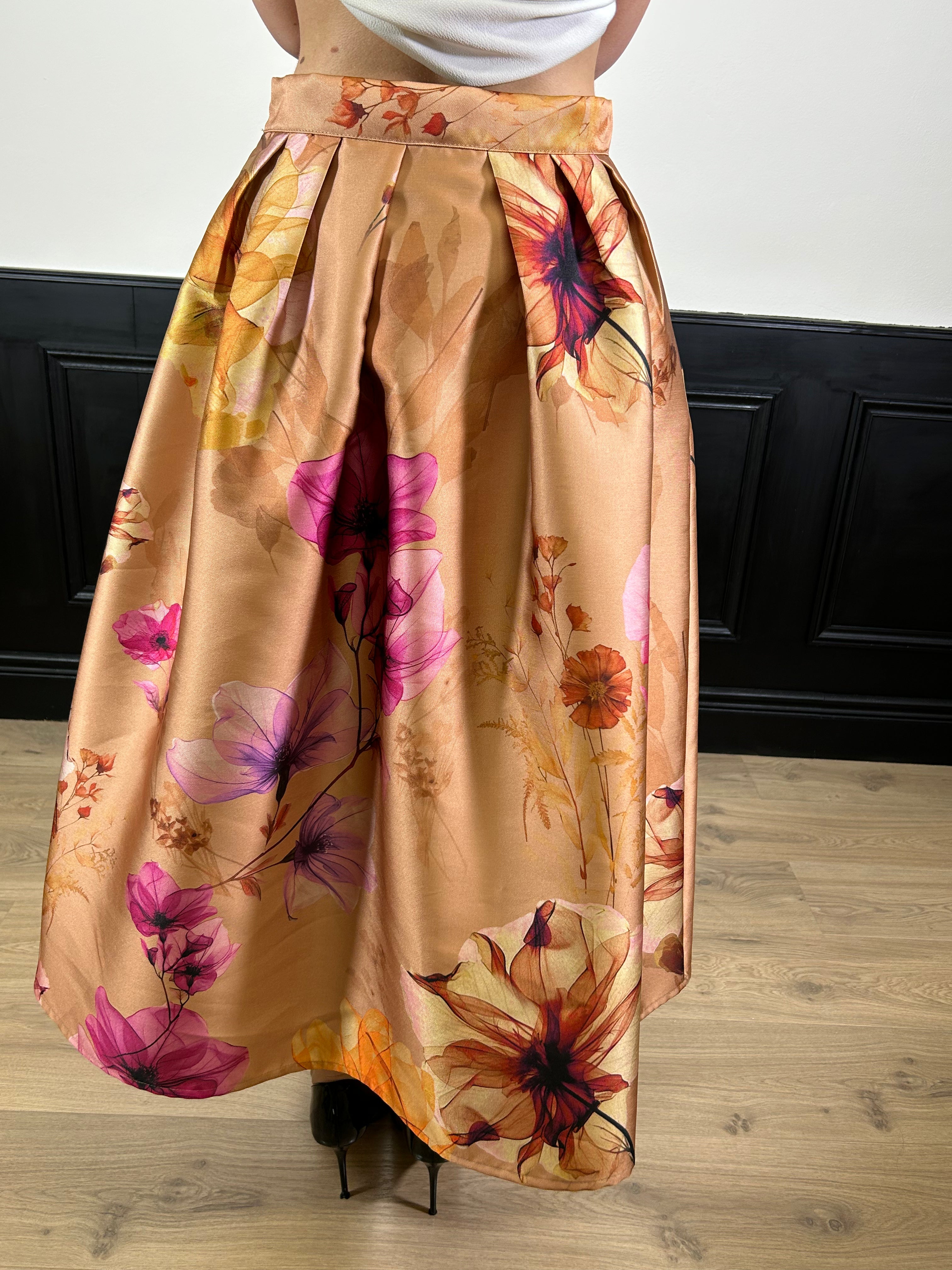 Gonna lunga in tafftà fantasia floreale