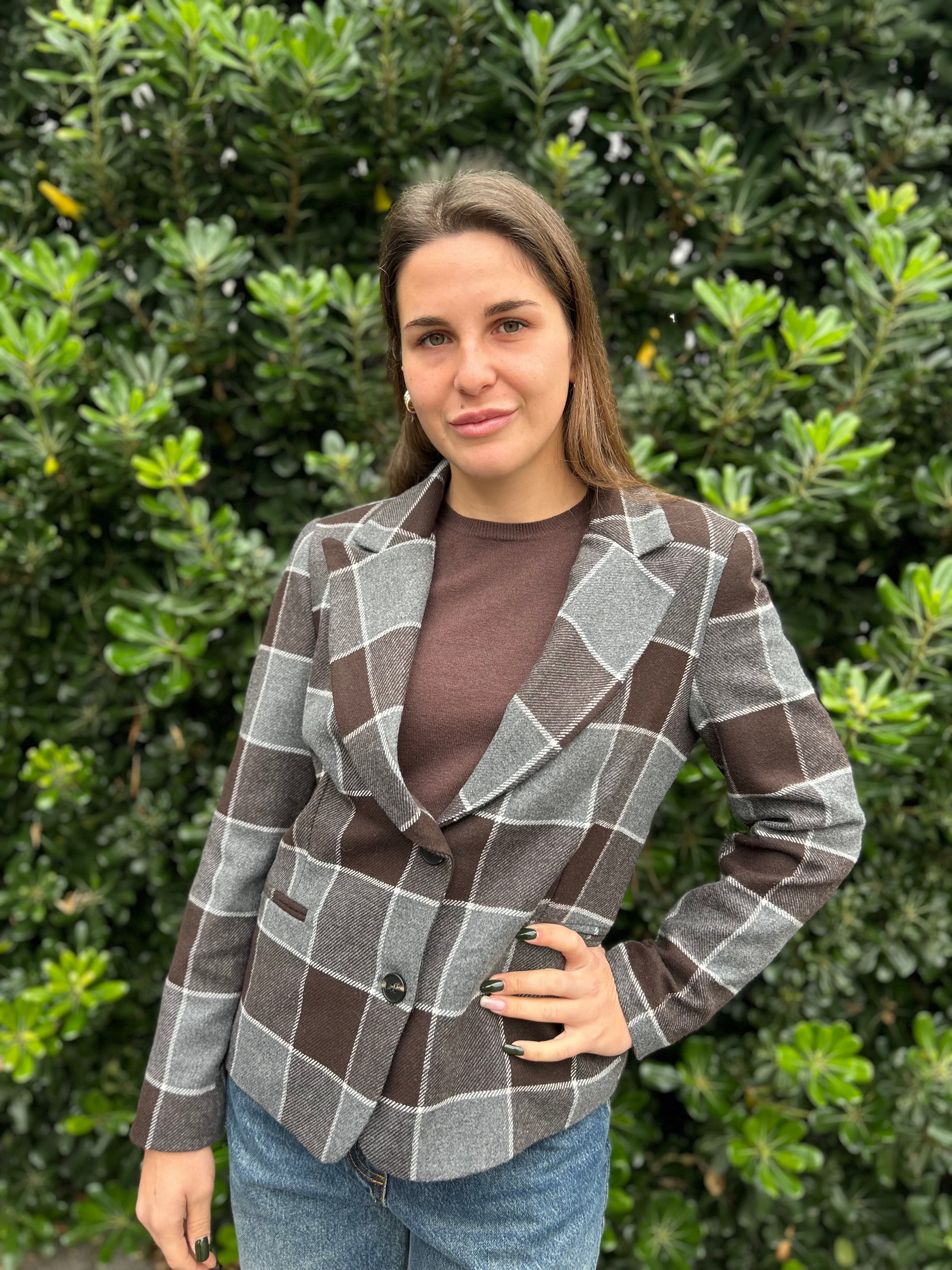 Giacca quadro grande grigio e marrone