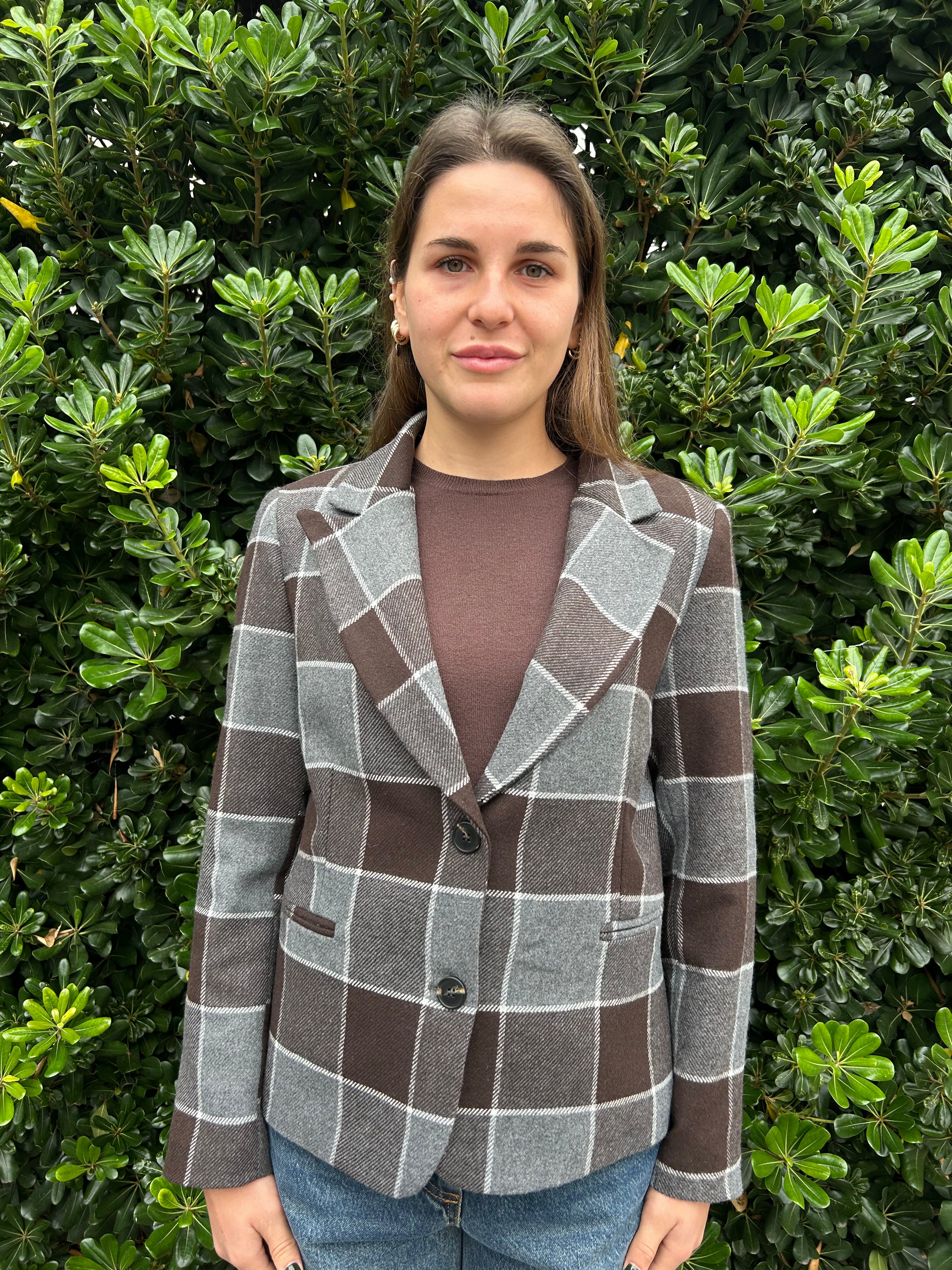 Giacca quadro grande grigio e marrone