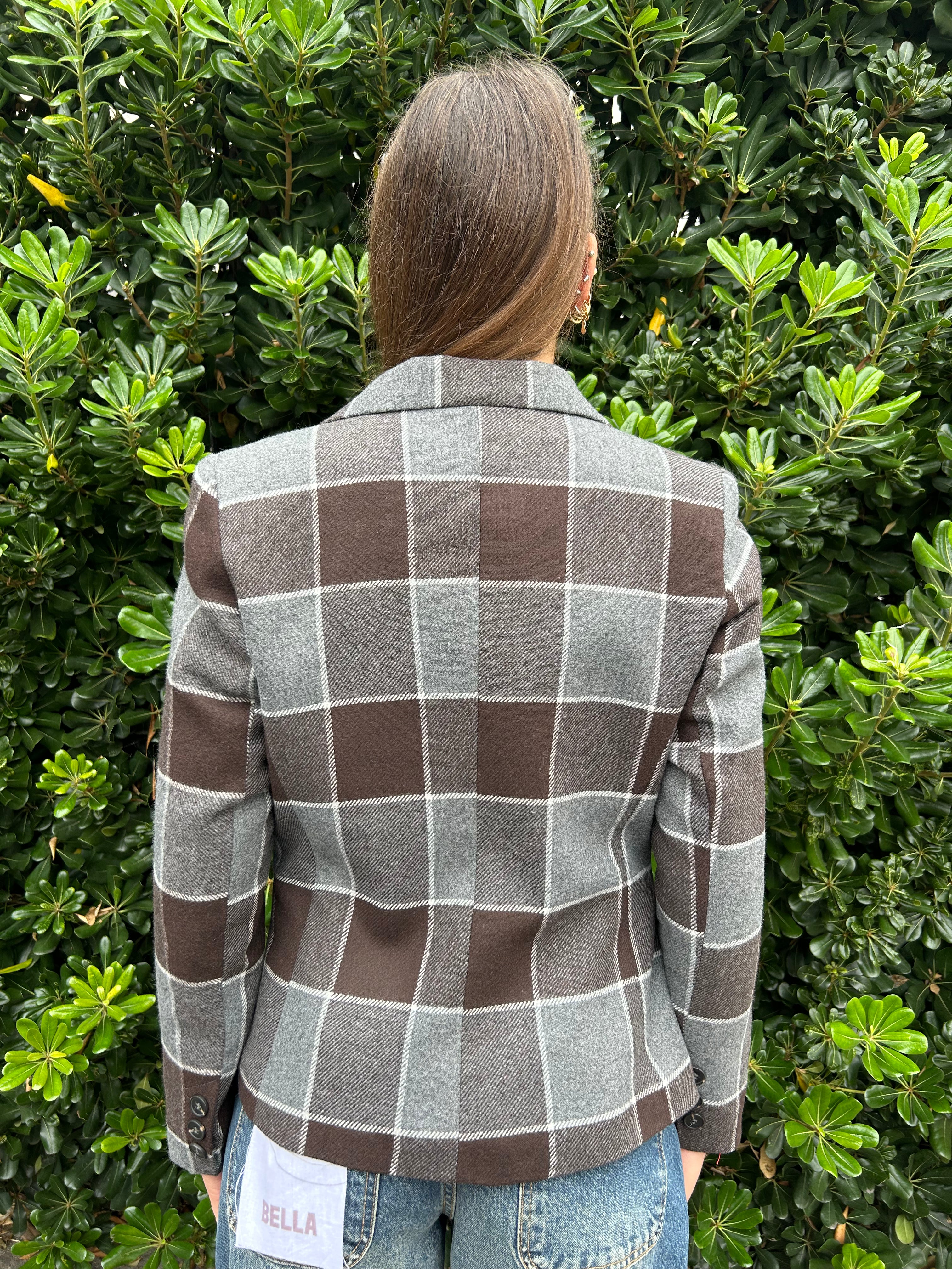 Giacca quadro grande grigio e marrone