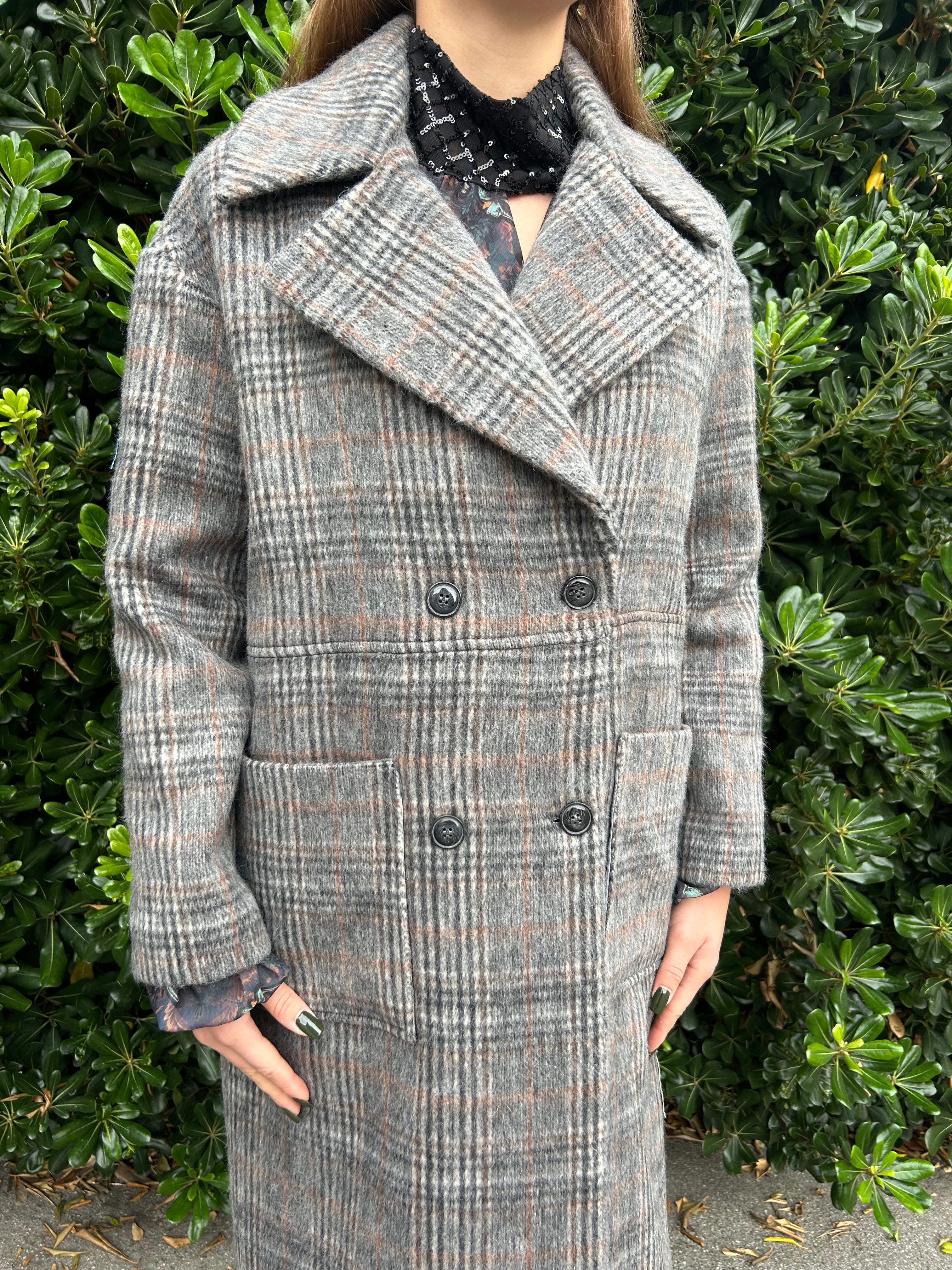 Cappotto doppiopetto check misto lana