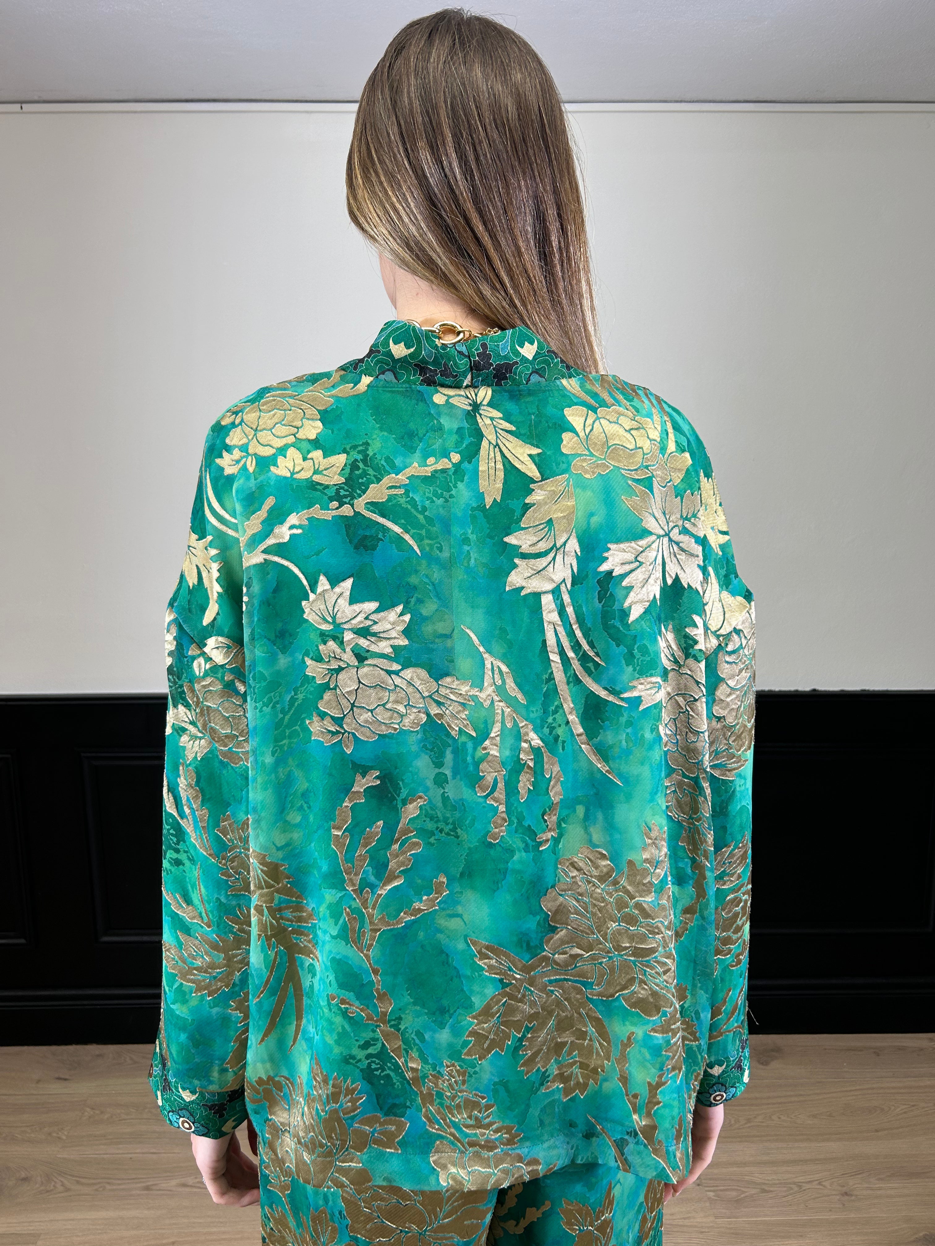Kimono corto fantasia verde, turchese e oro