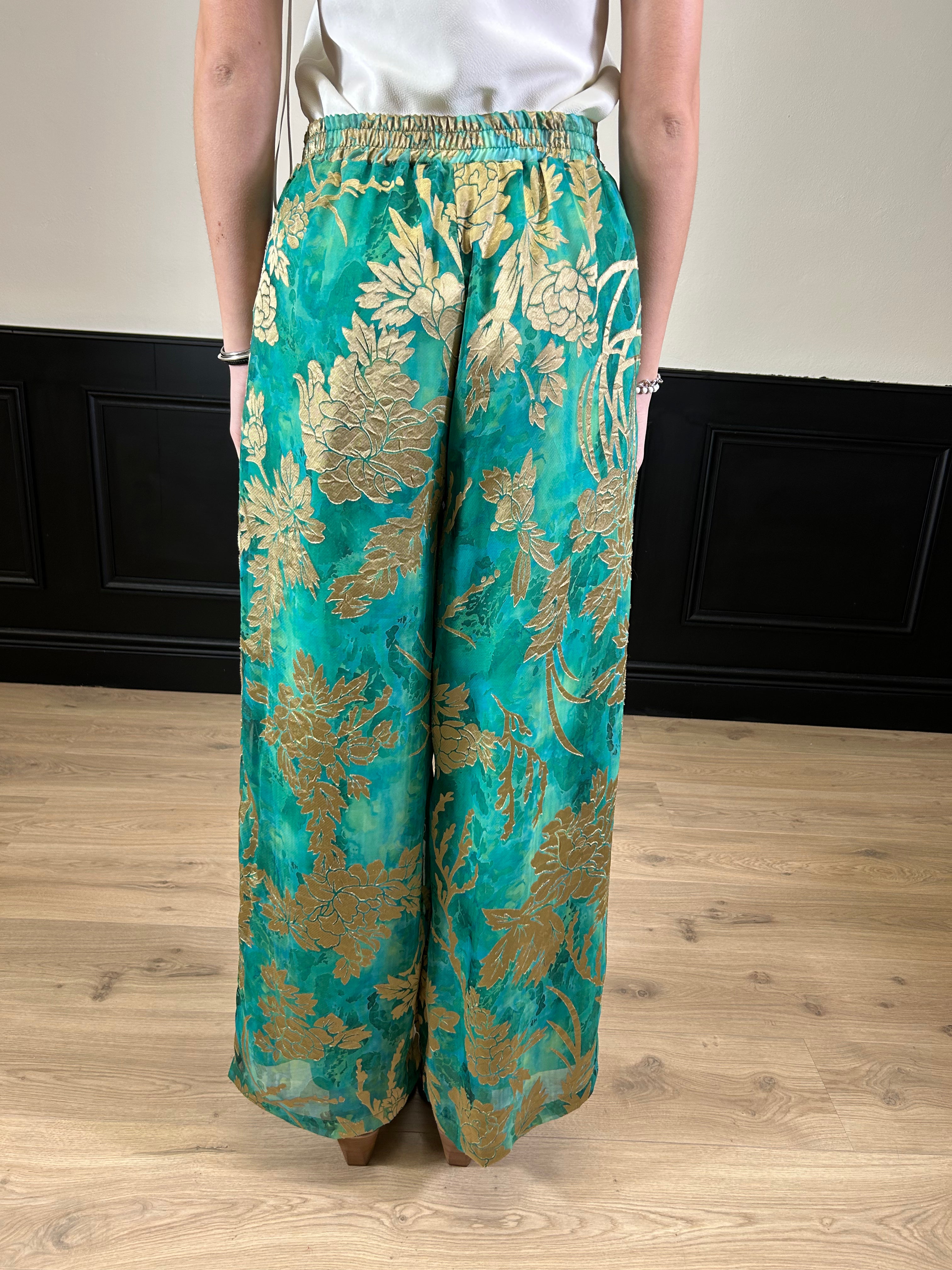 Pantalone palazzo fantasia verde, turchese e oro