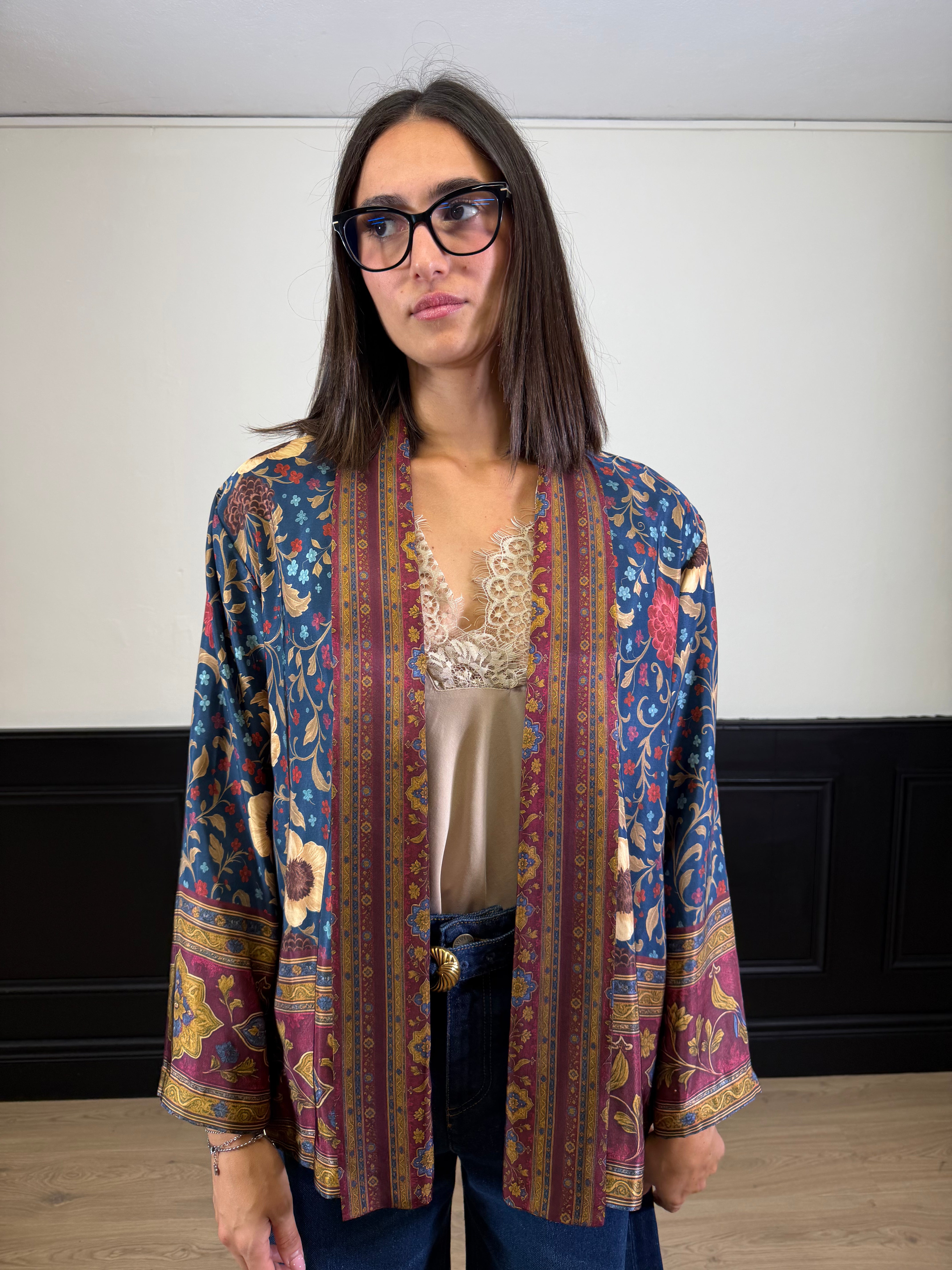 Kimono fantasia etnica blu e bordeaux