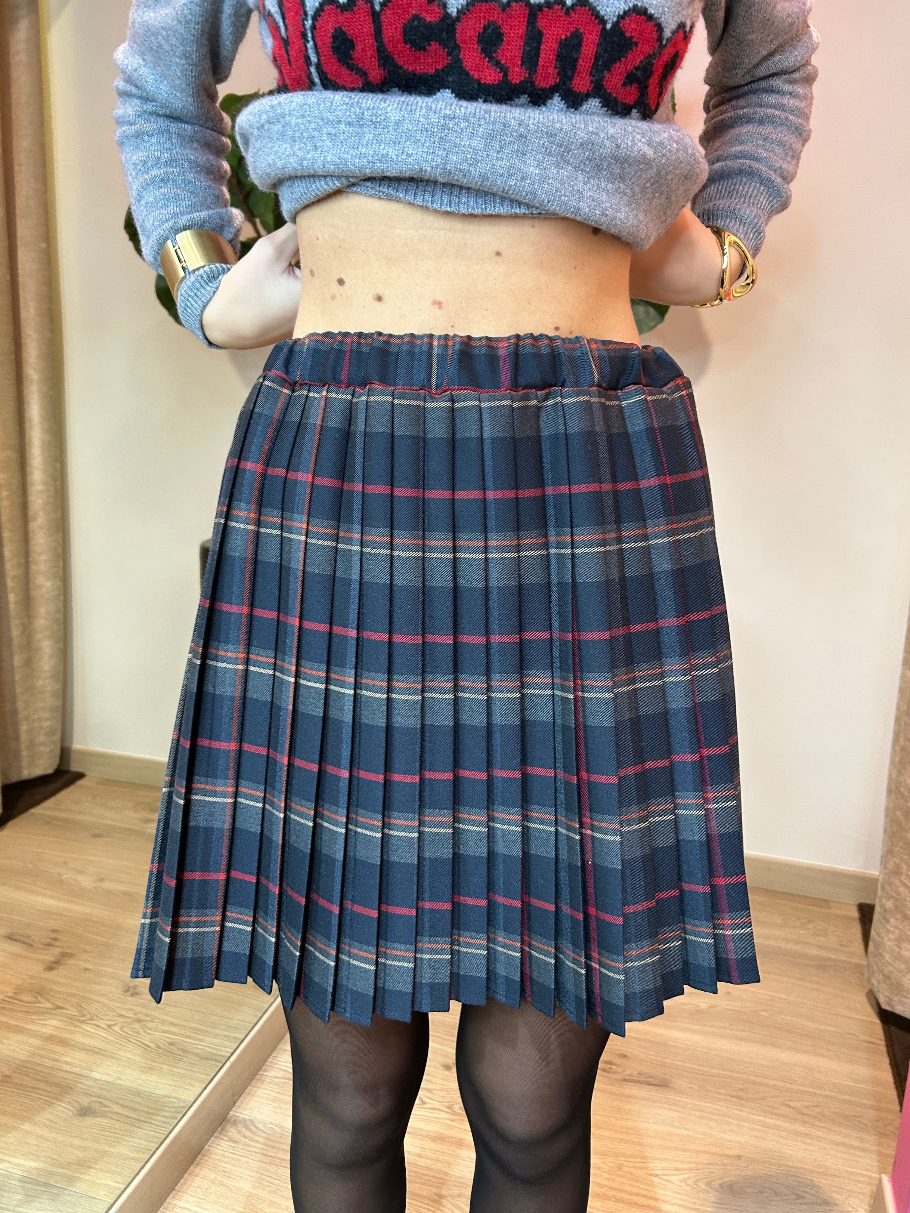 Gonna corta plissé fantasia tartan grigio/blu
