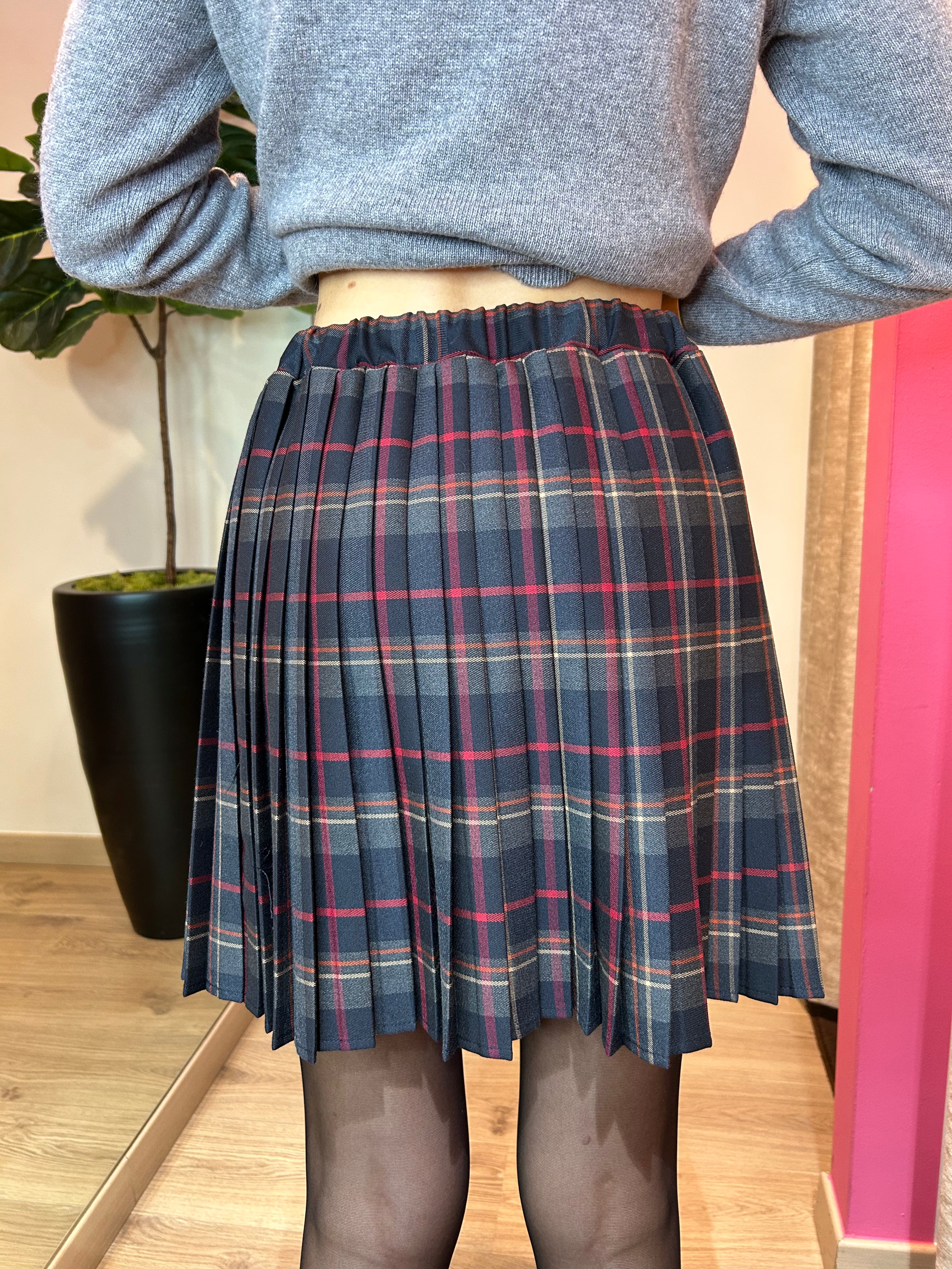 Gonna corta plissé fantasia tartan grigio/blu