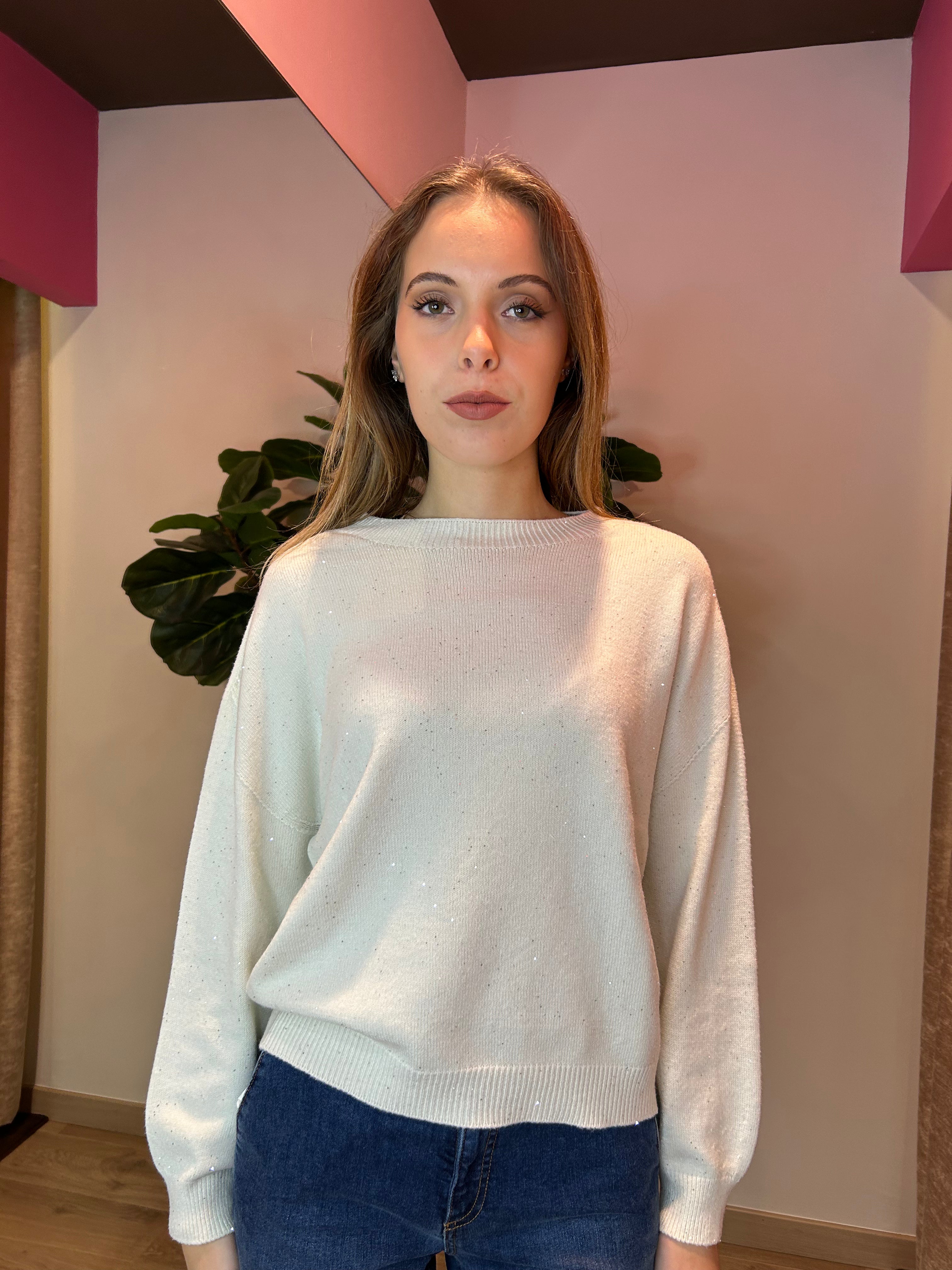 Pull girocollo con micro paillettes