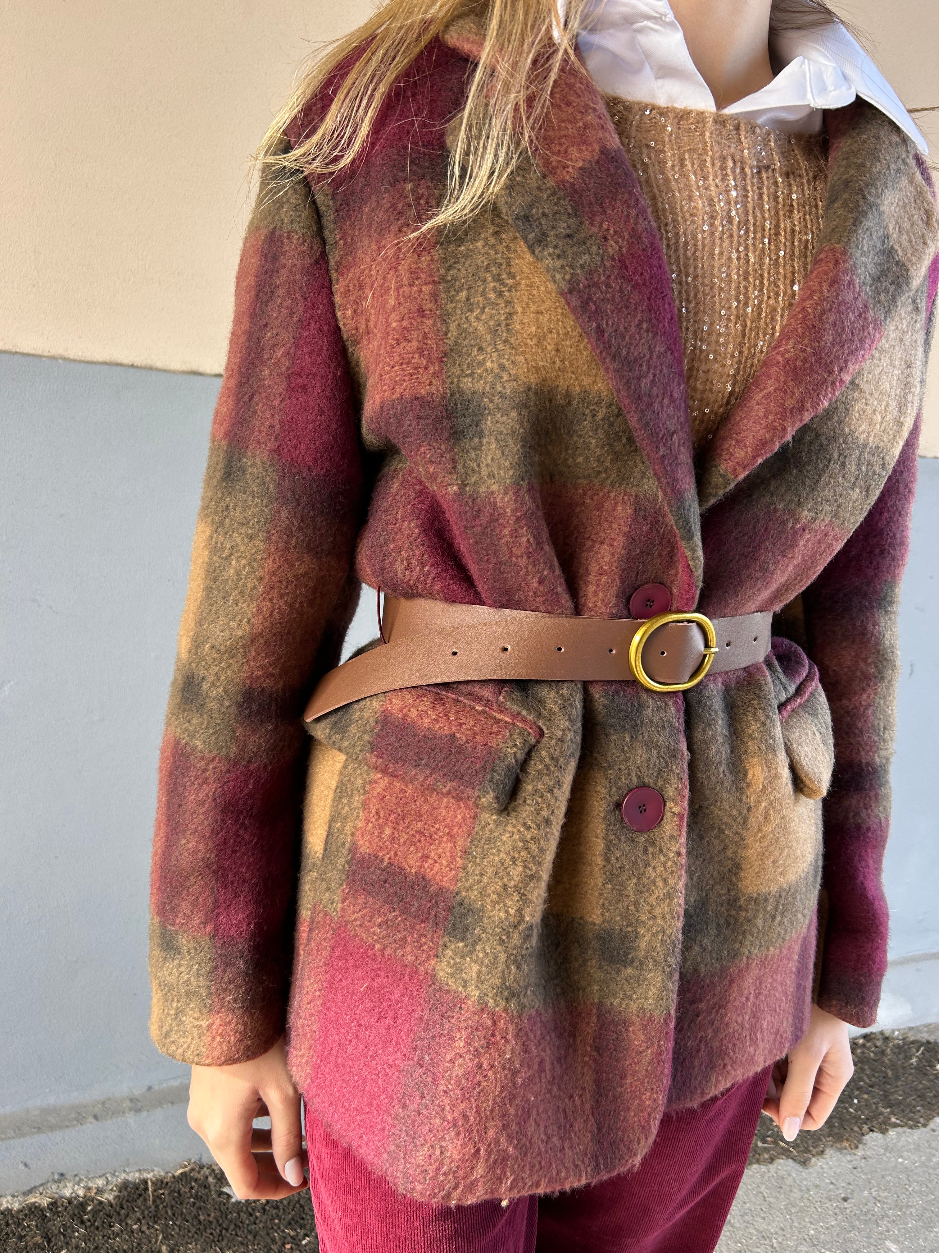 Giacca cappotto a quadri con cintura