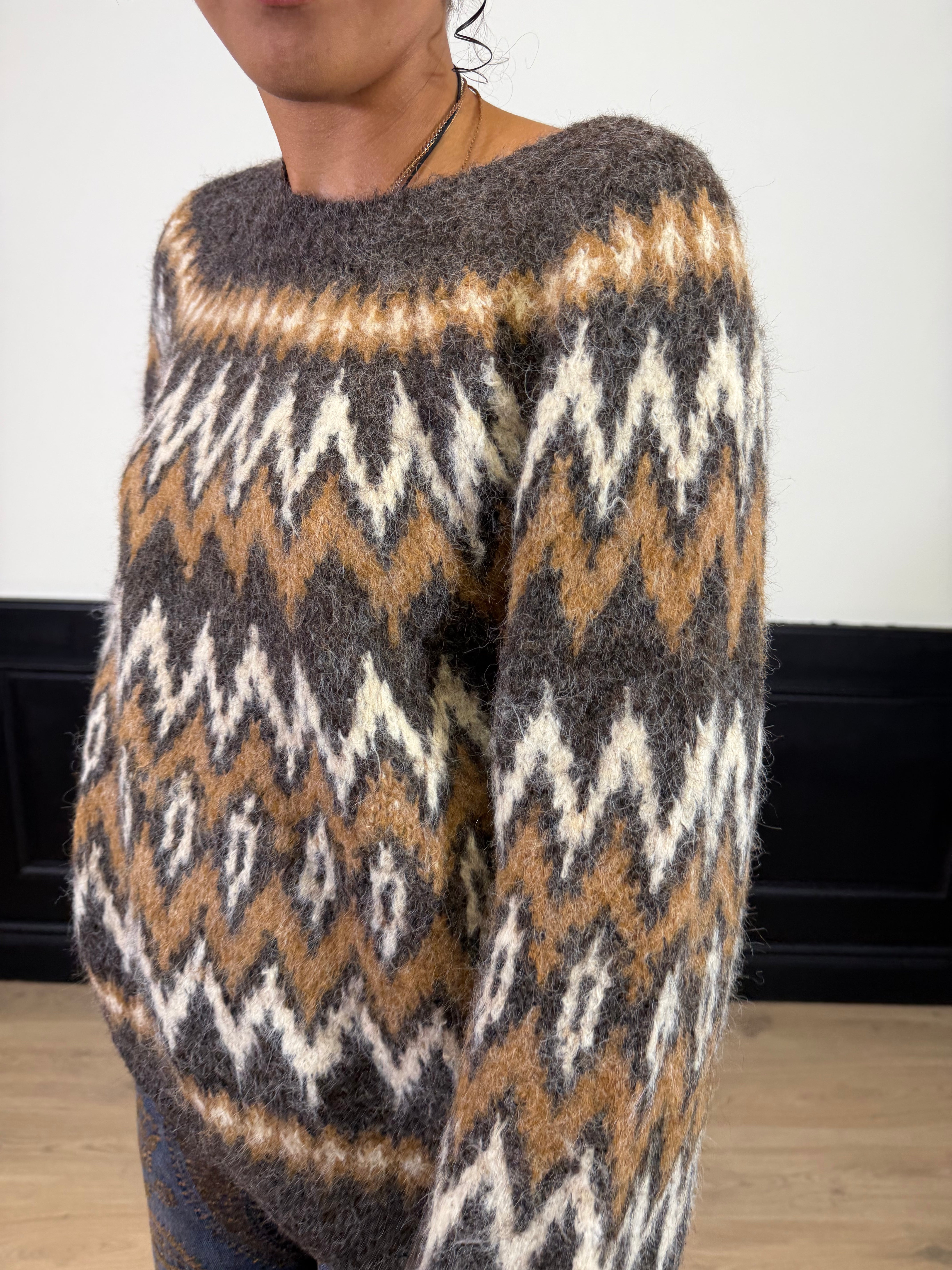 Pull rombi grigio/panna/cammello in mohair