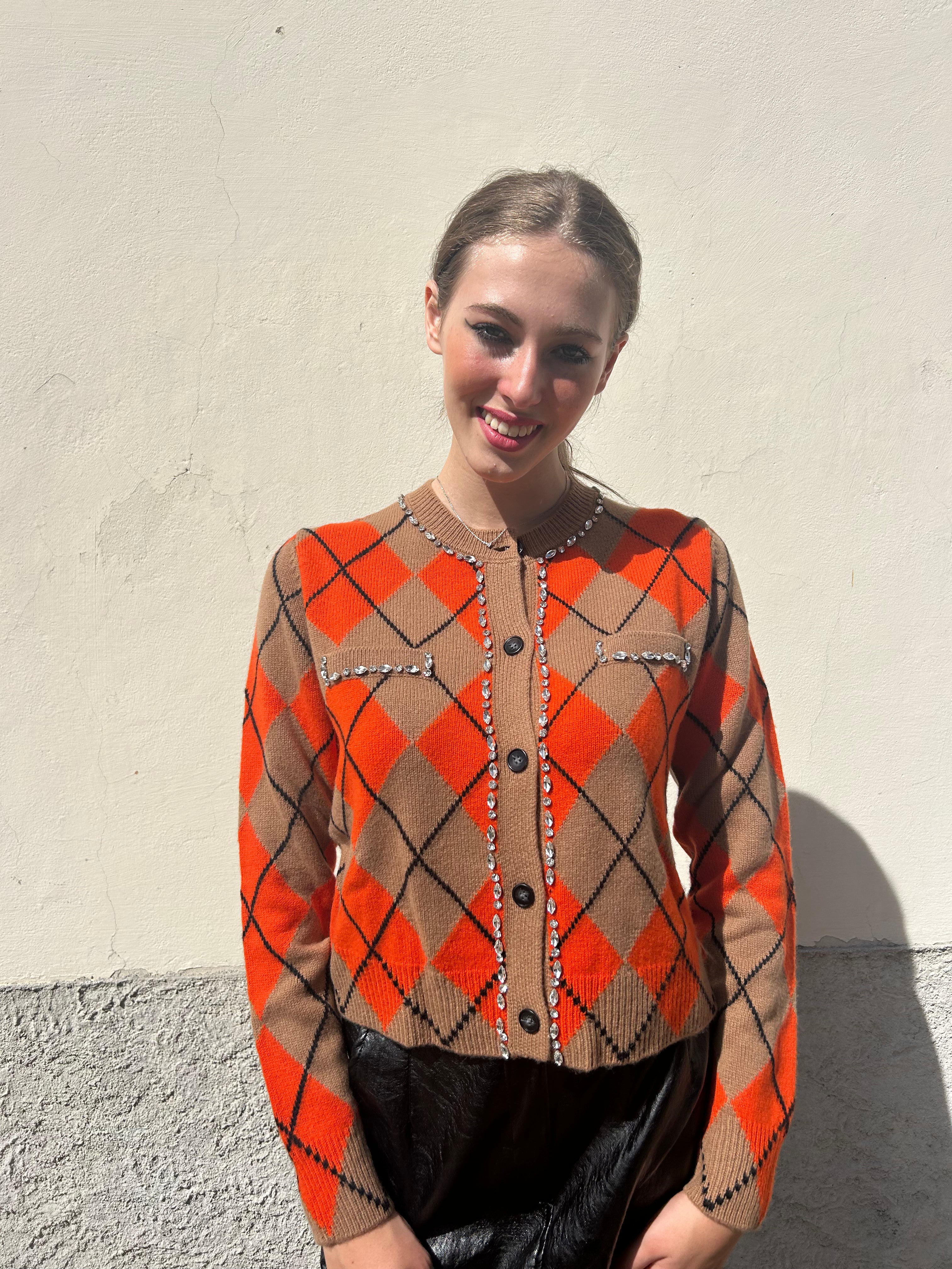 Cardigan a rombi con strass