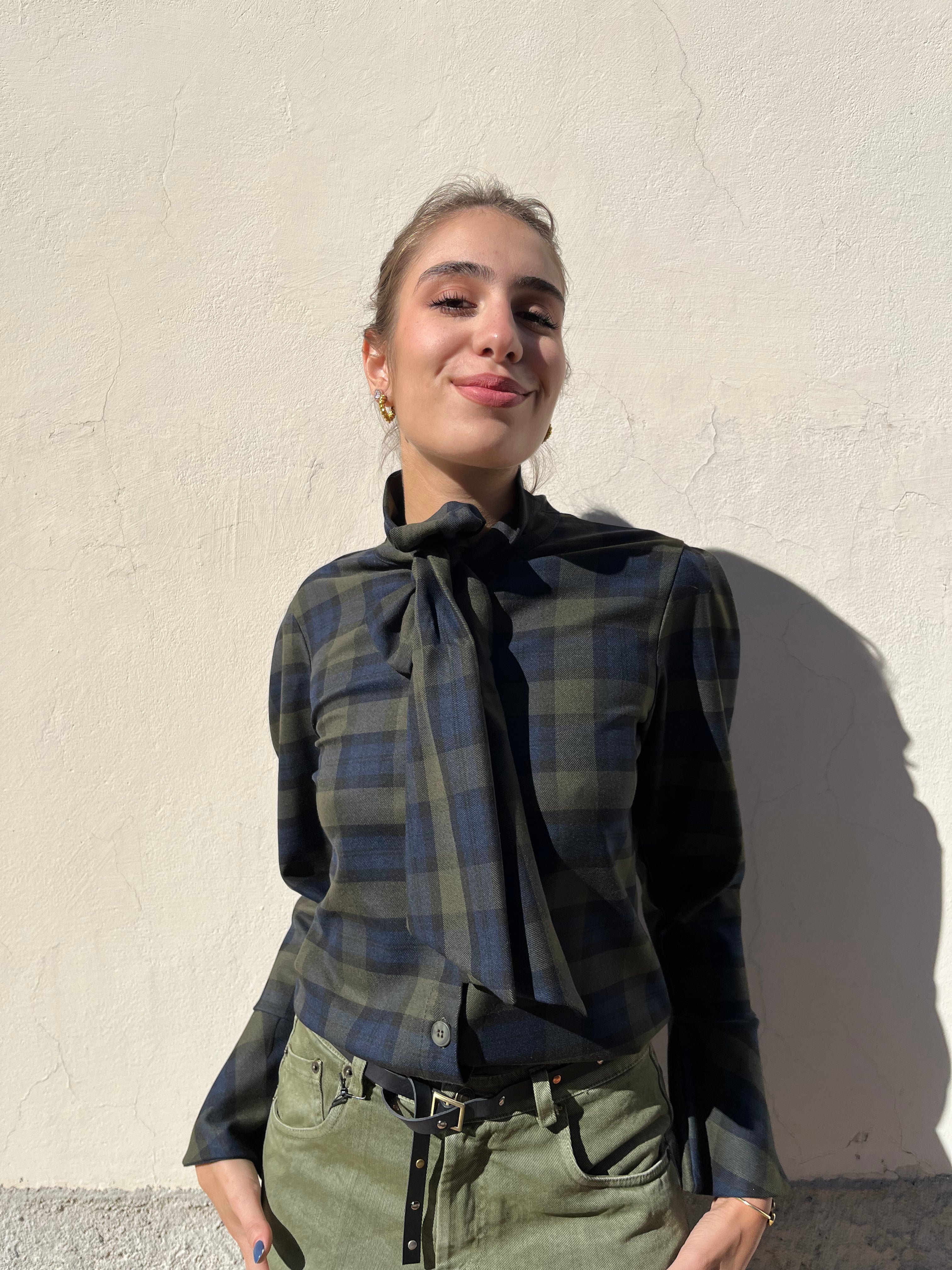 Camicia a quadri con fiocco blu/verde