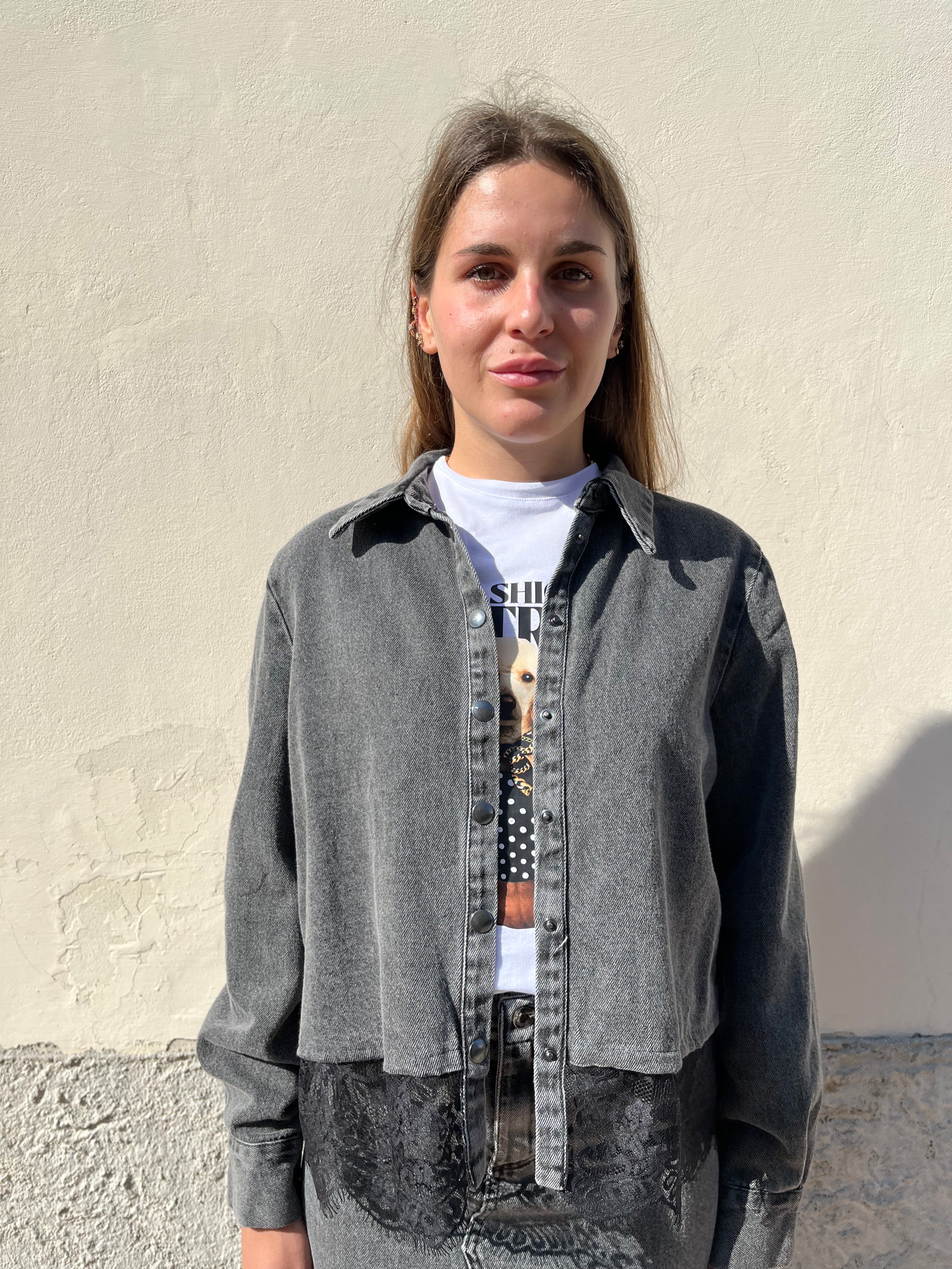 Giacca corta in denim con pizzo