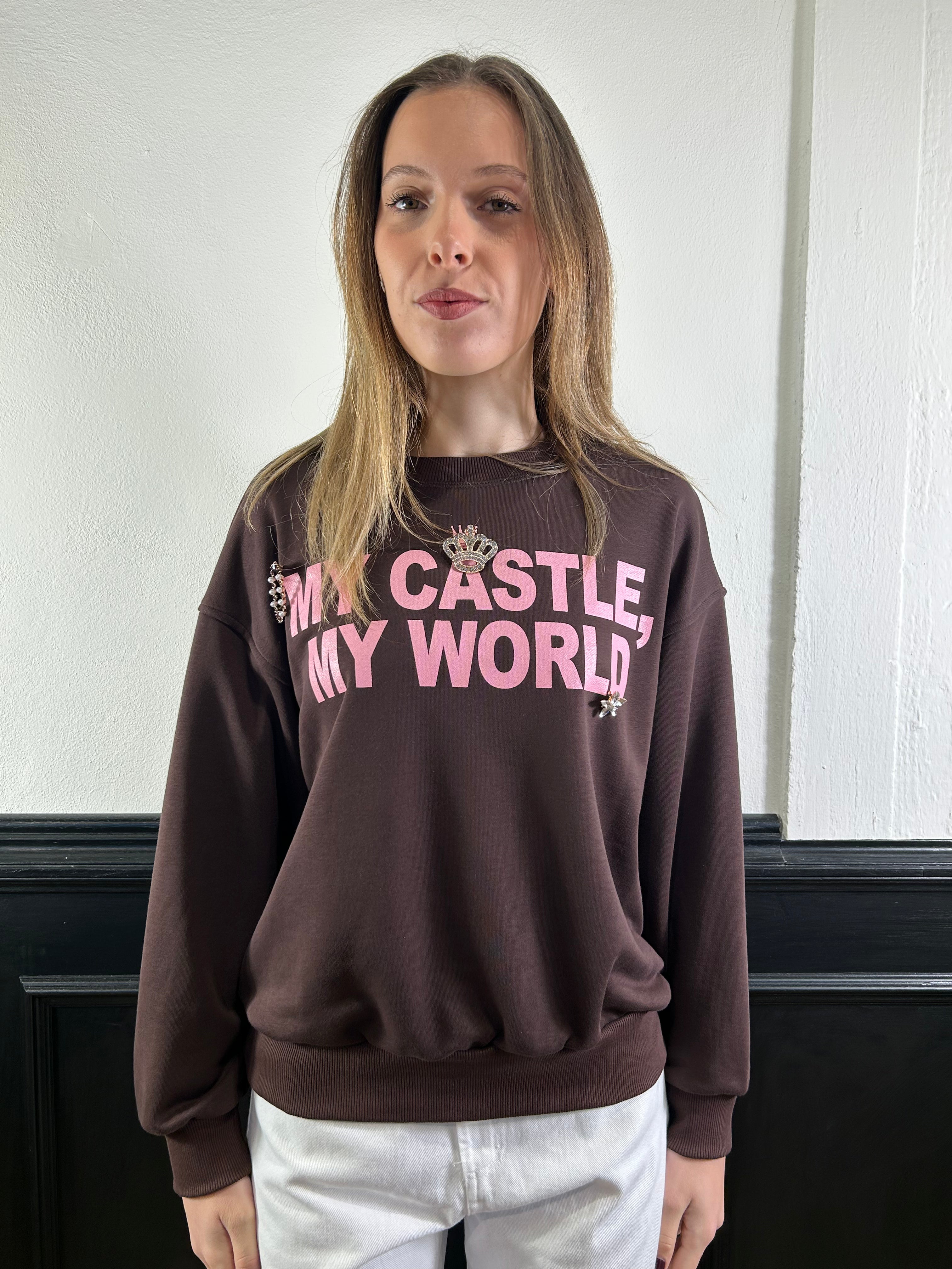 Felpa marrone con scritta rosa
