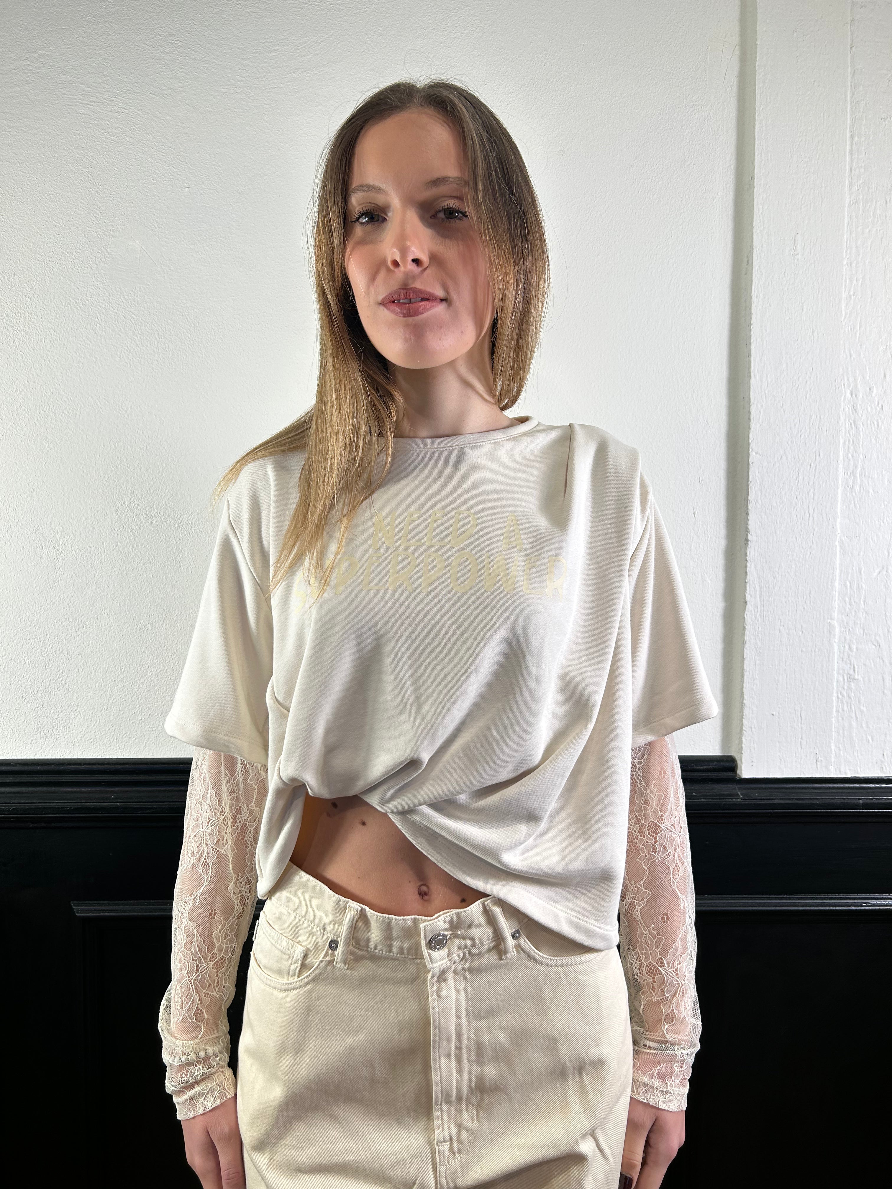 Felpa con maniche in pizzo e nodo panna