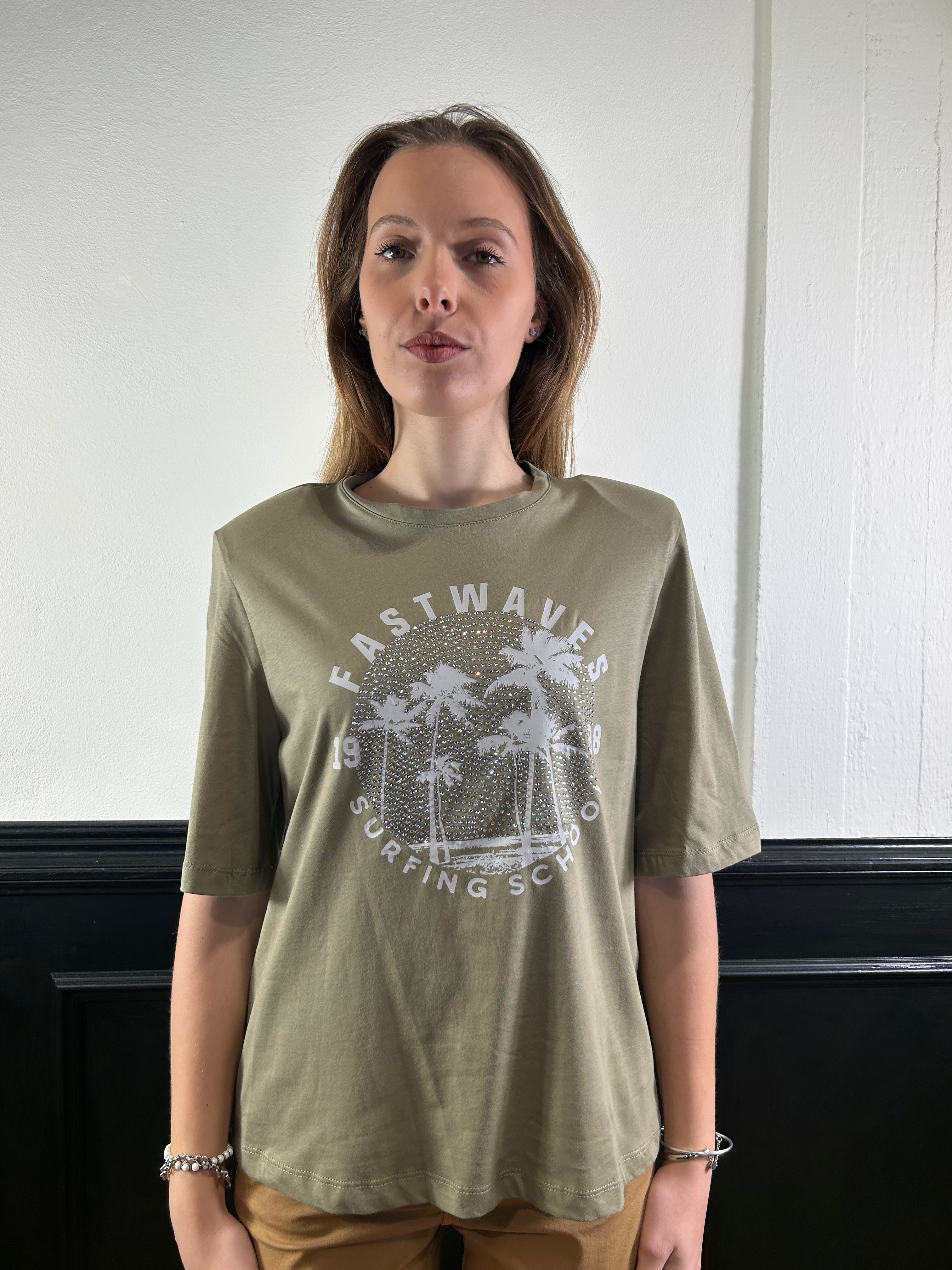 T-shirt verde militare con strass