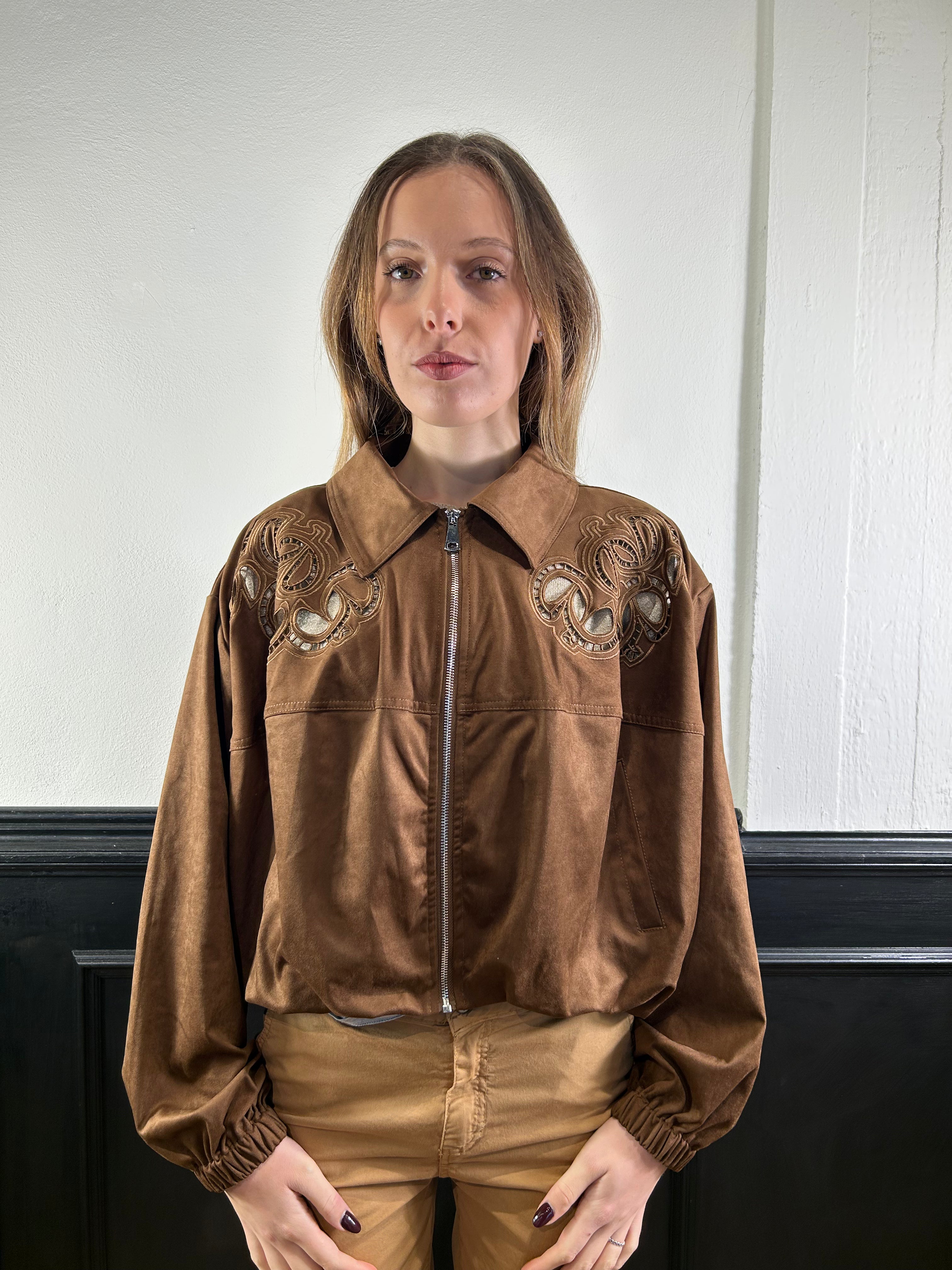 Bomber in eco camoscio e pizzo frontale