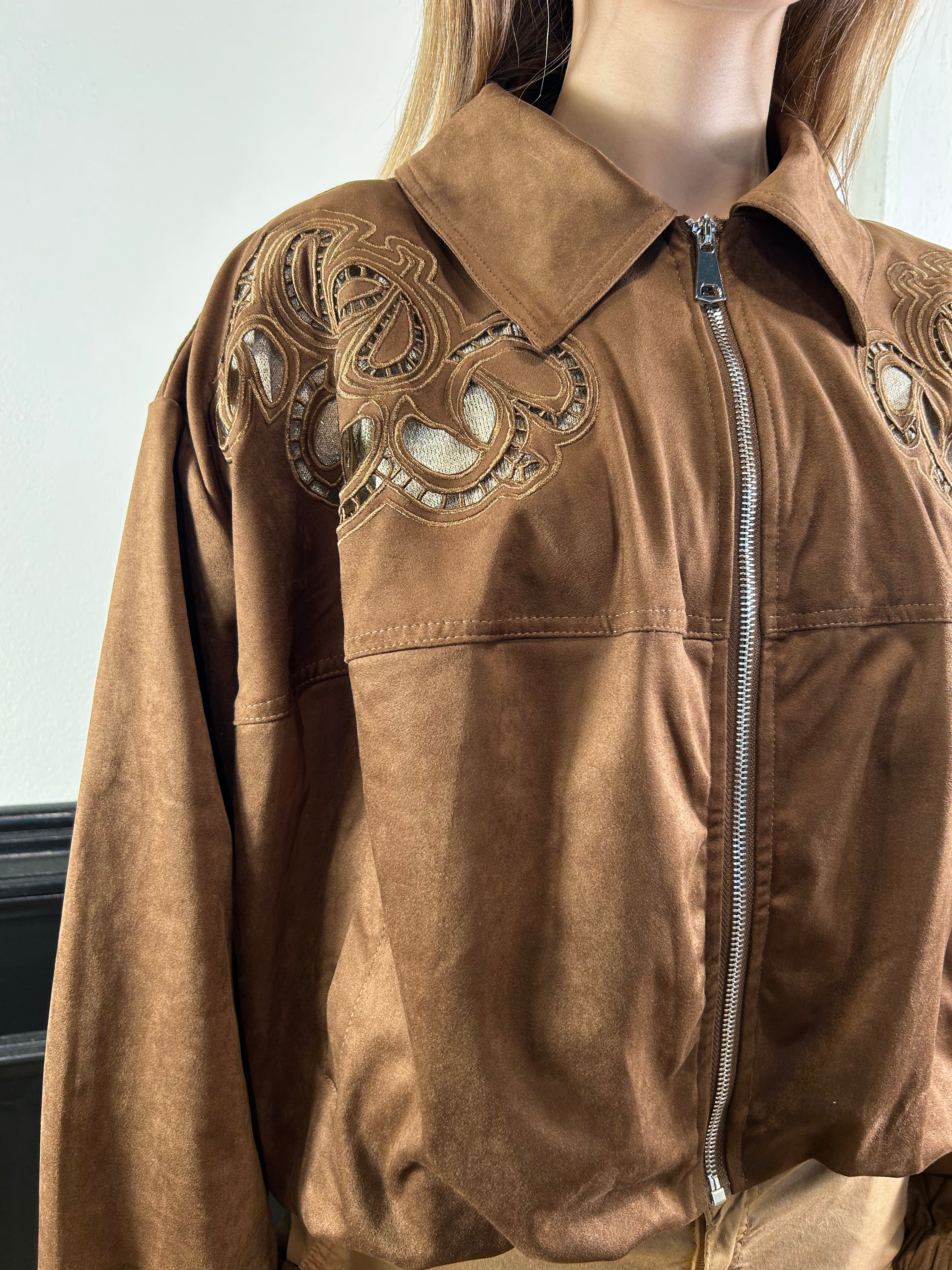 Bomber in eco camoscio e pizzo frontale