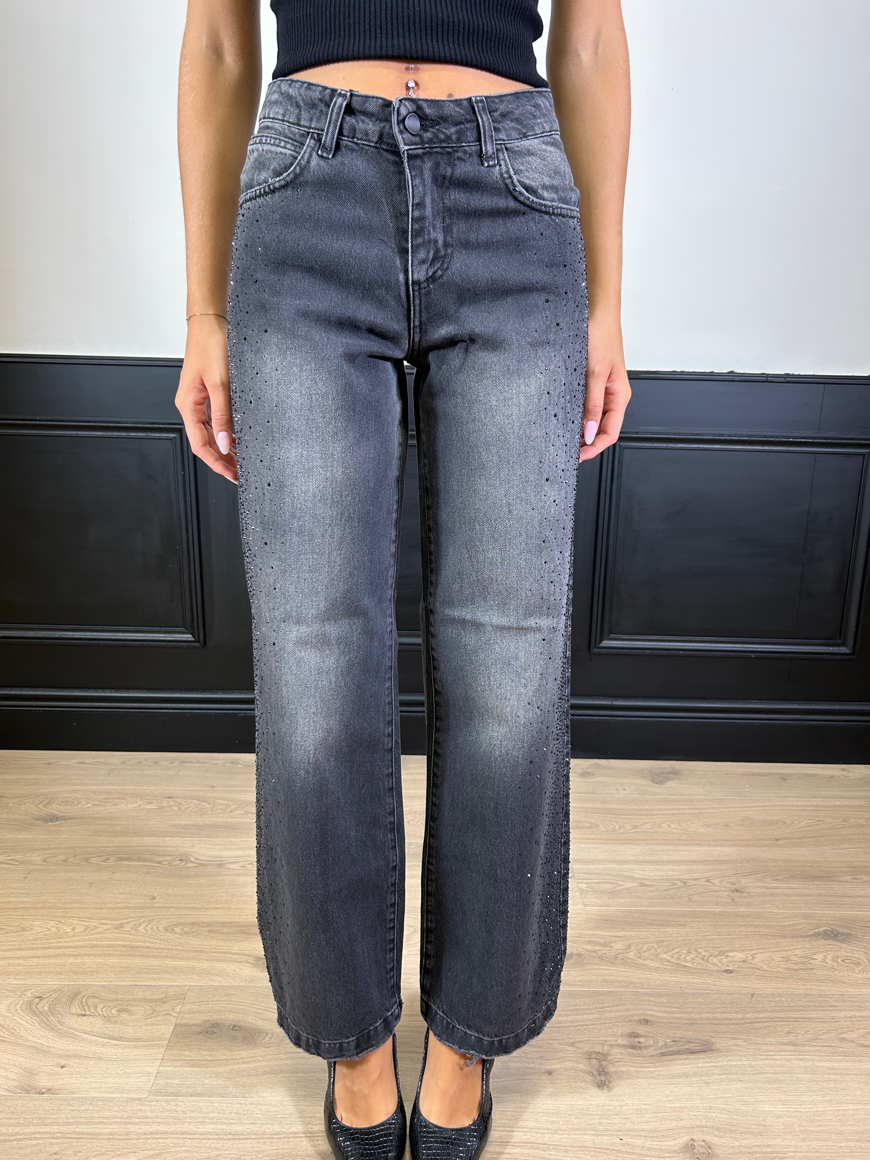Jeans Ellelong nero con strass