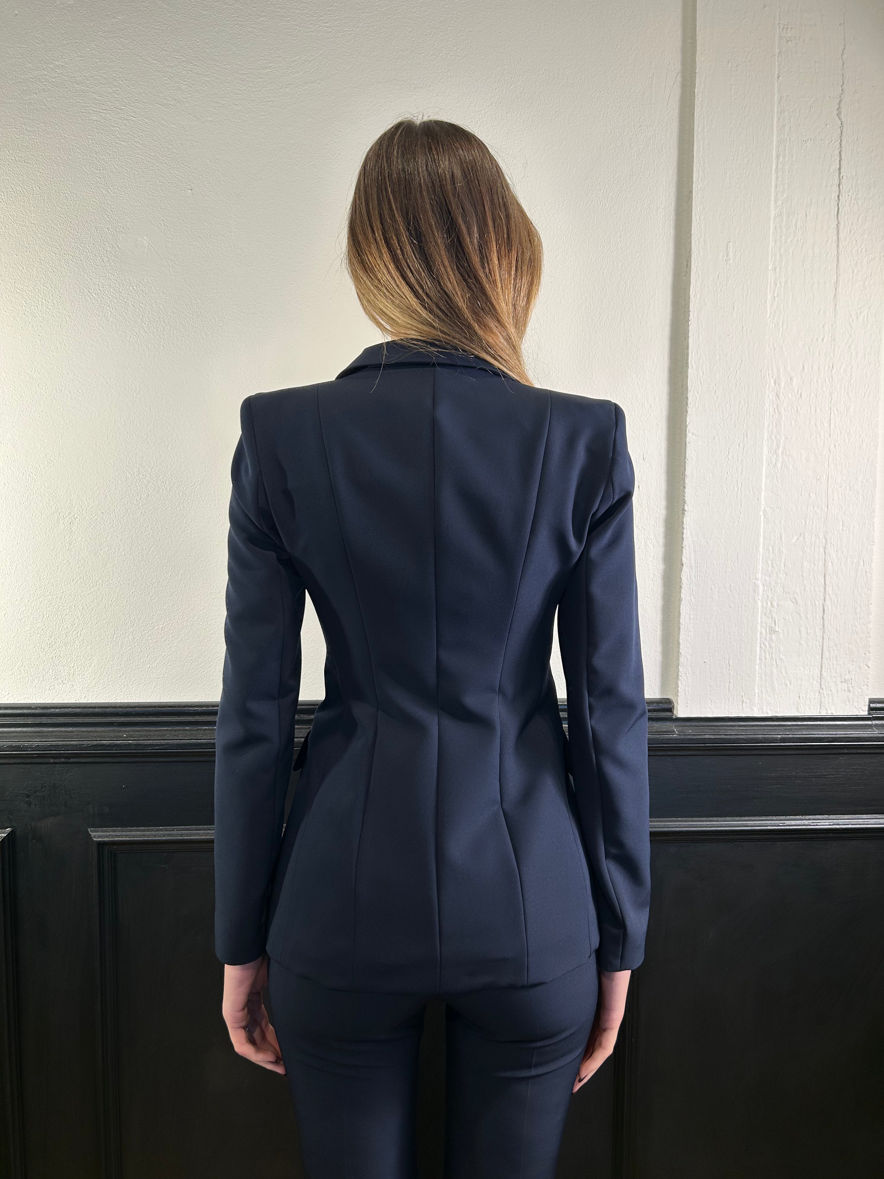 Tailleur giacca doppiopetto e pantalone scampanato blu