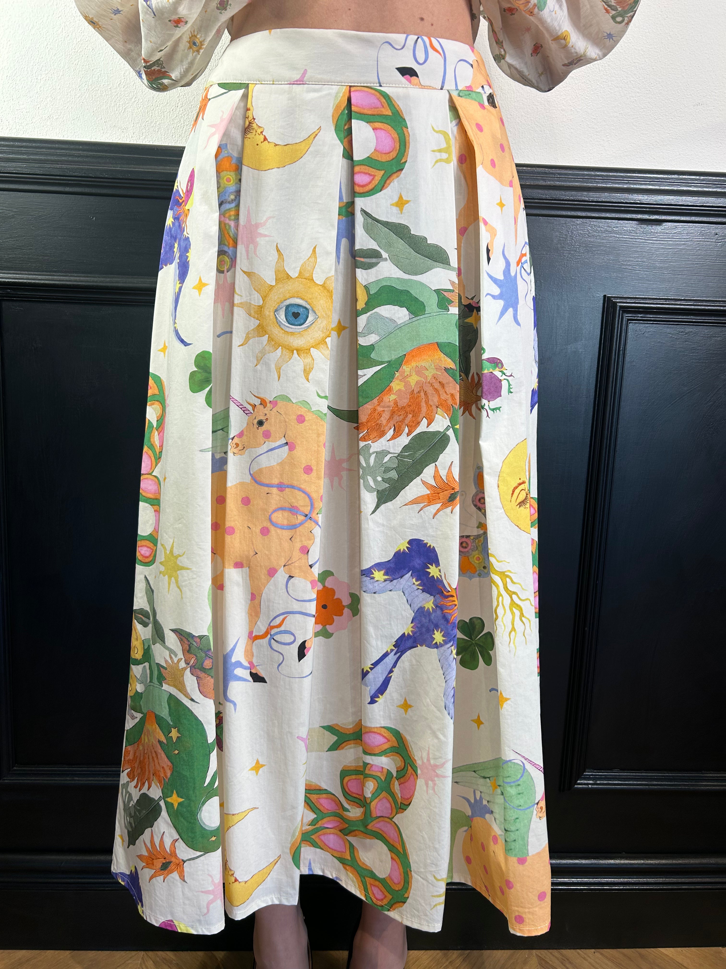 Gonna a pieghe fantasia zodiaco