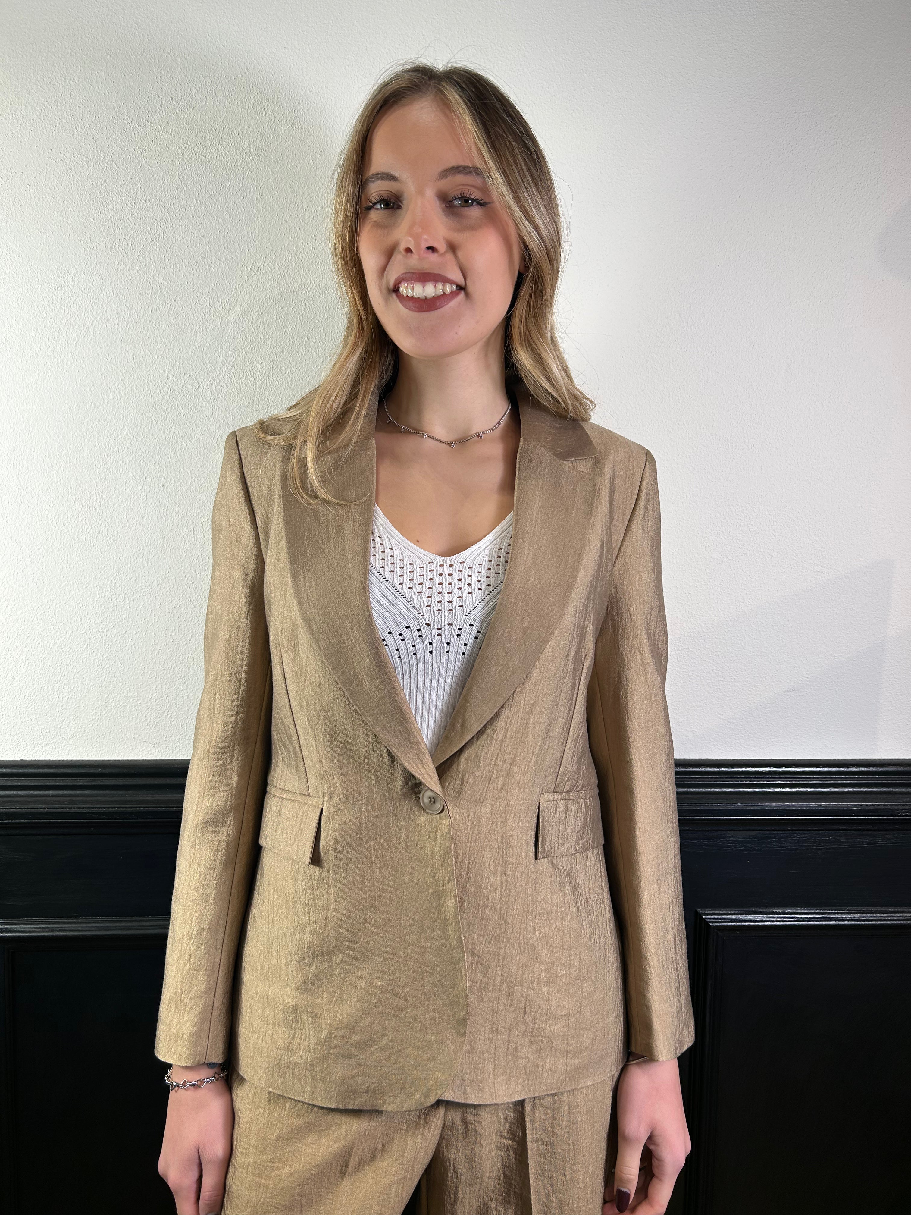 Giacca tabacco in tessuto oro lamè