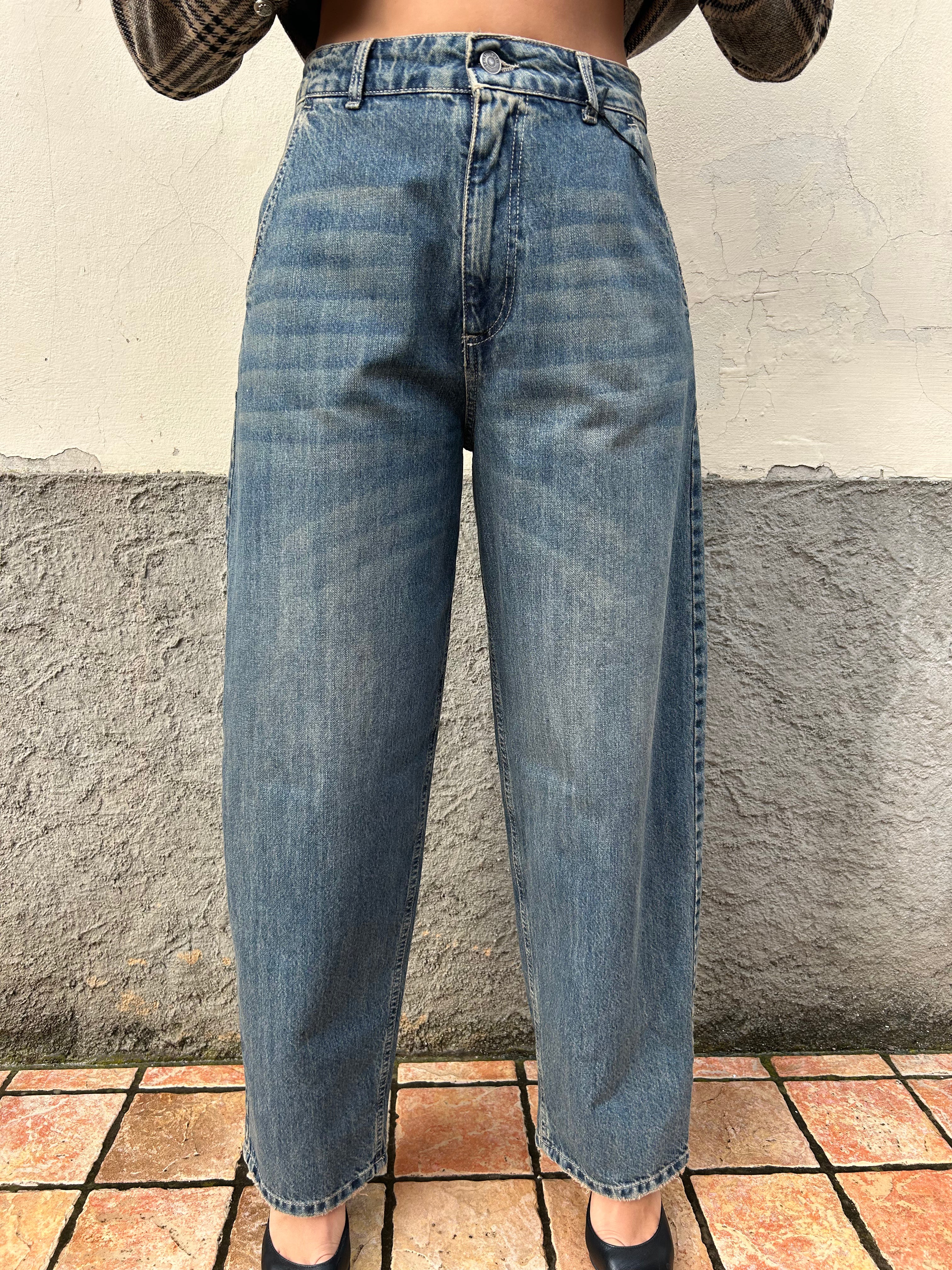 Jeans Baggy a Vita Alta Stile Vintage Lavaggio Medio