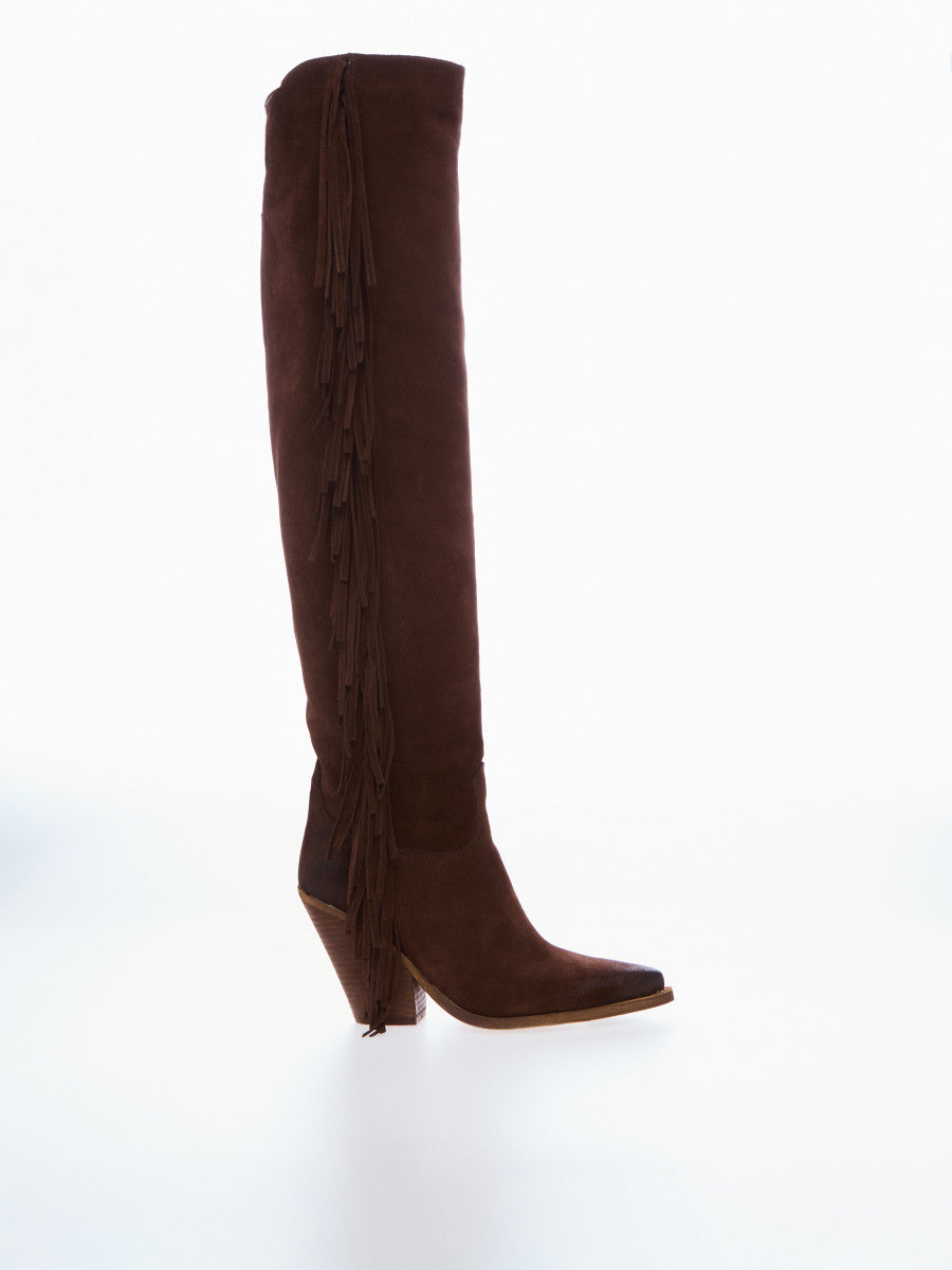 Stivale texano a coscia in camoscio con frange