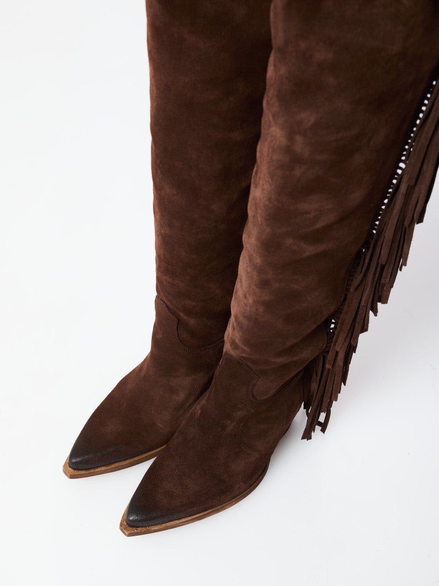 Stivale texano a coscia in camoscio con frange