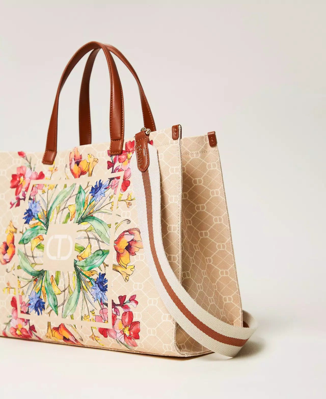 Borsa shopper in canvas con stampa fiori