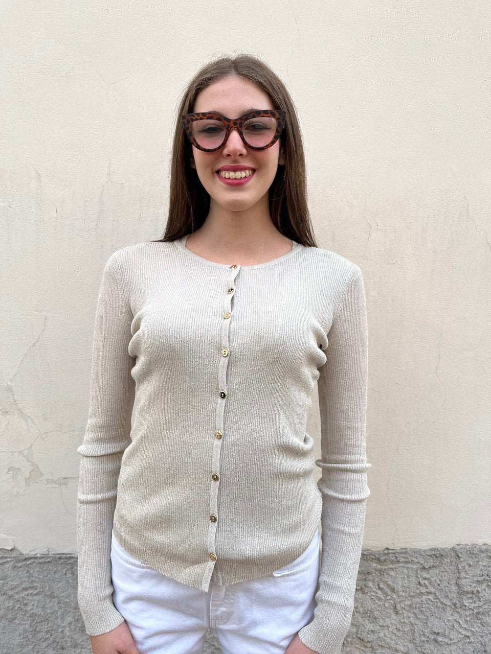 Cardigan in lurex a costine con bottoncini oro