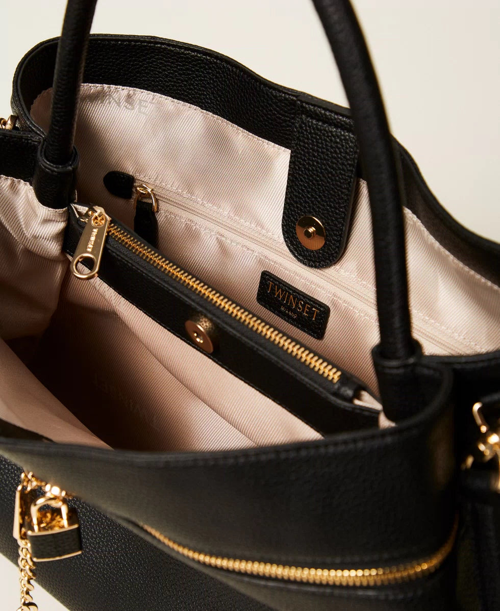 Borsa shopper con tasca e lock Oval T