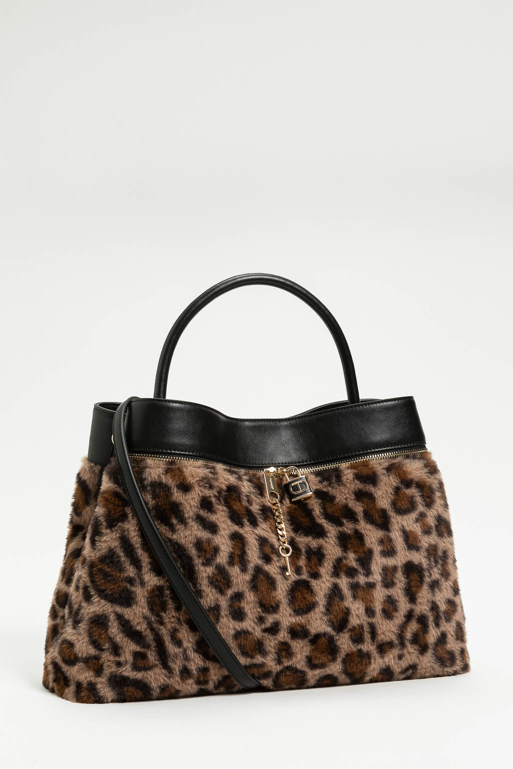 Borsa shopper in faux fur animalier con lock Oval T