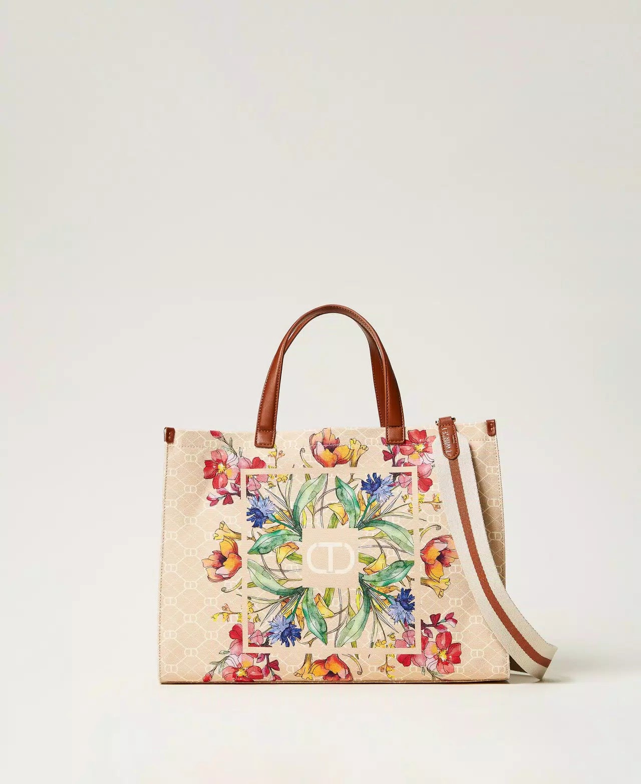 Borsa shopper in canvas con stampa fiori