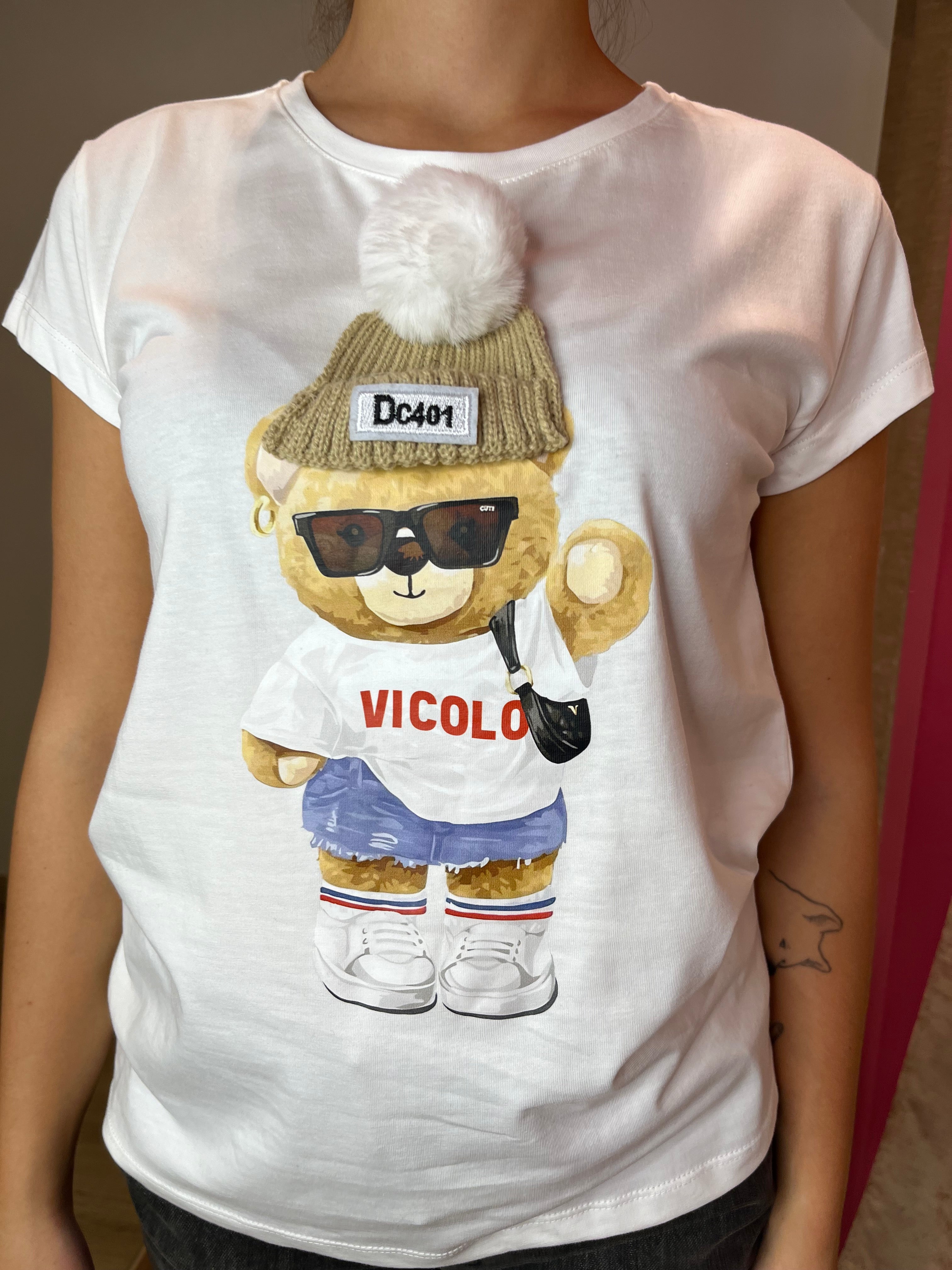 T-shirt stampa orsetto e pon pon