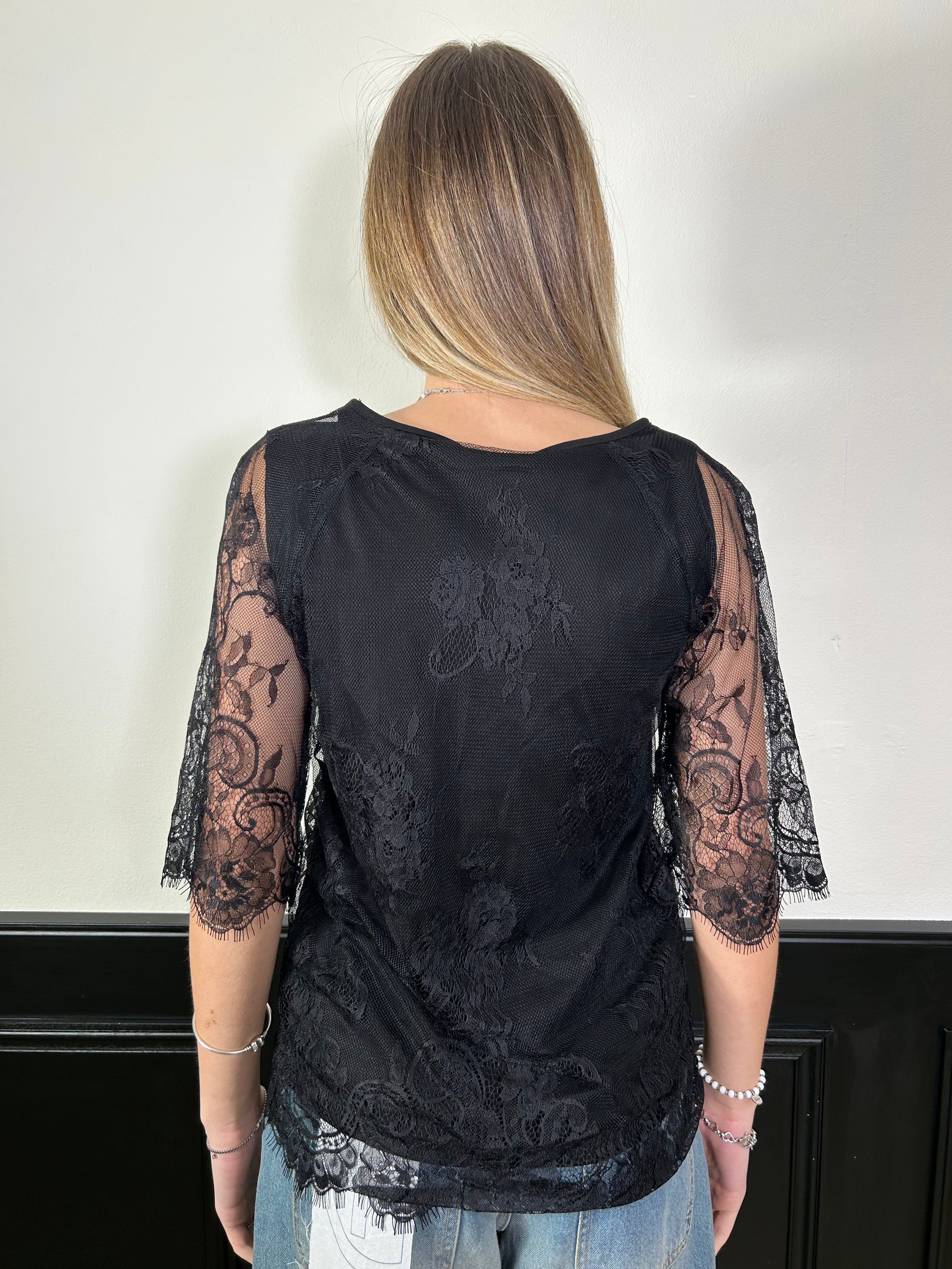 T-shirt Mascara con pizzo e scritta nero