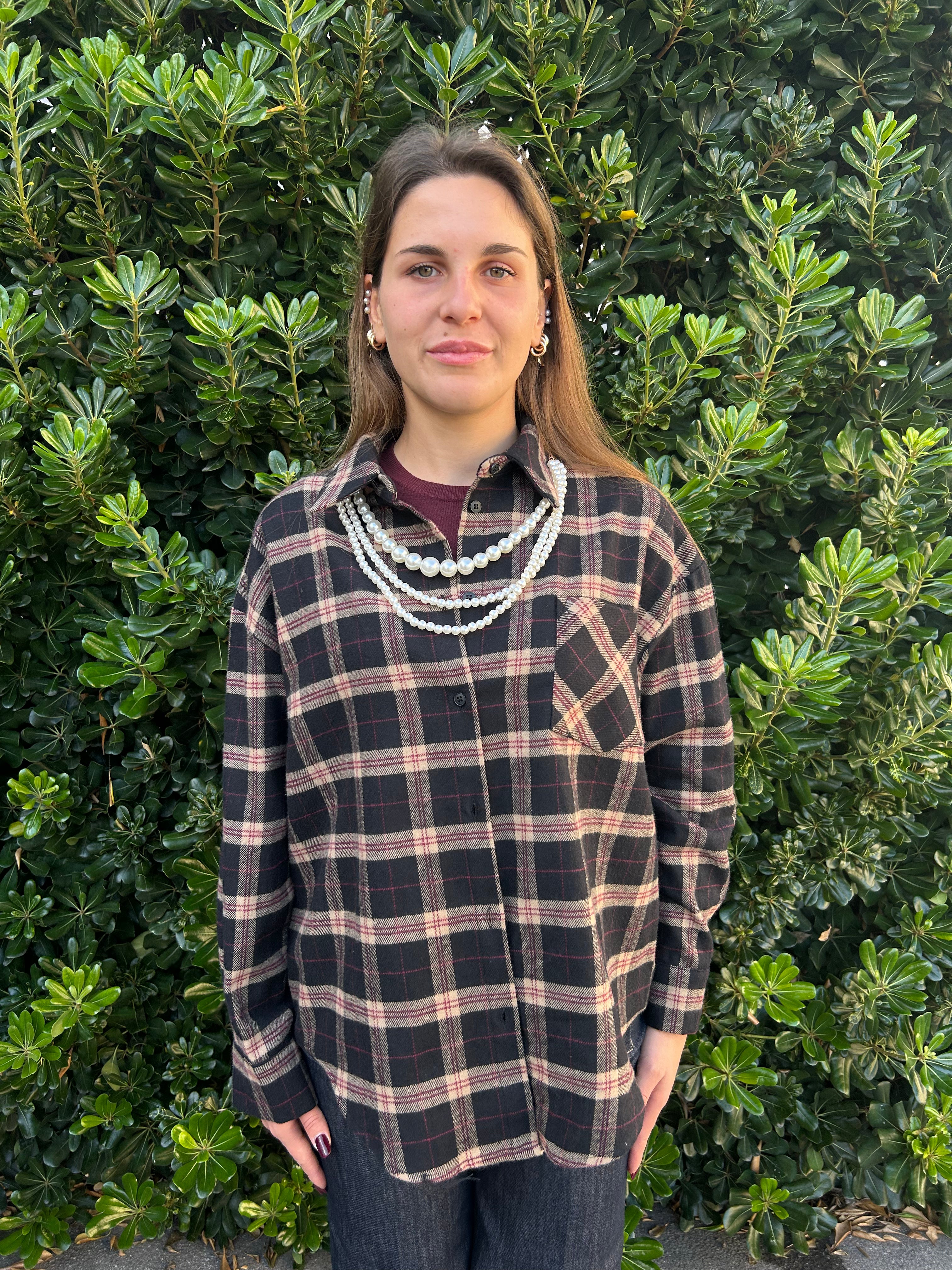 Camicia check con collana perle nero/bordeaux