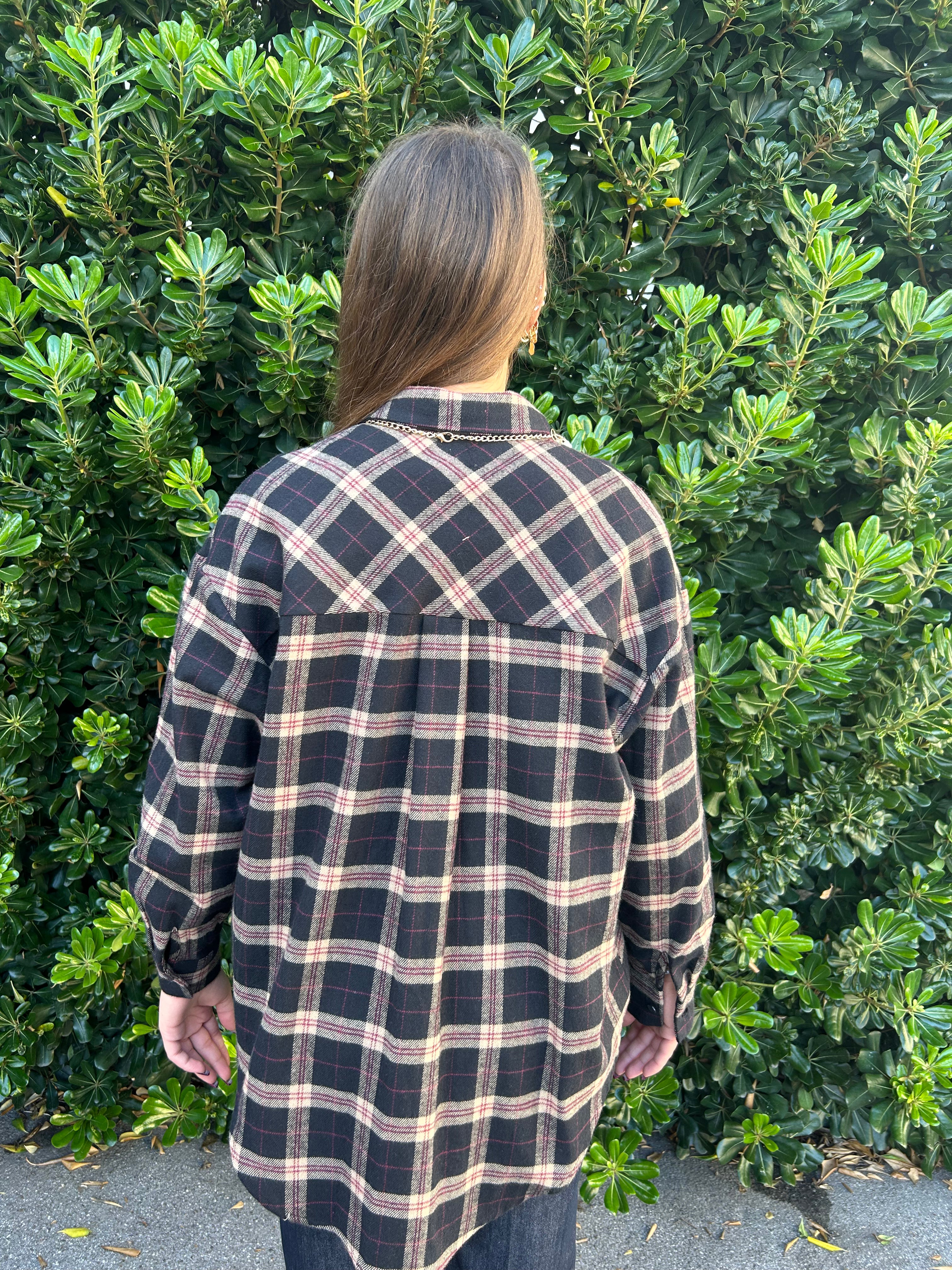 Camicia check con collana perle nero/bordeaux