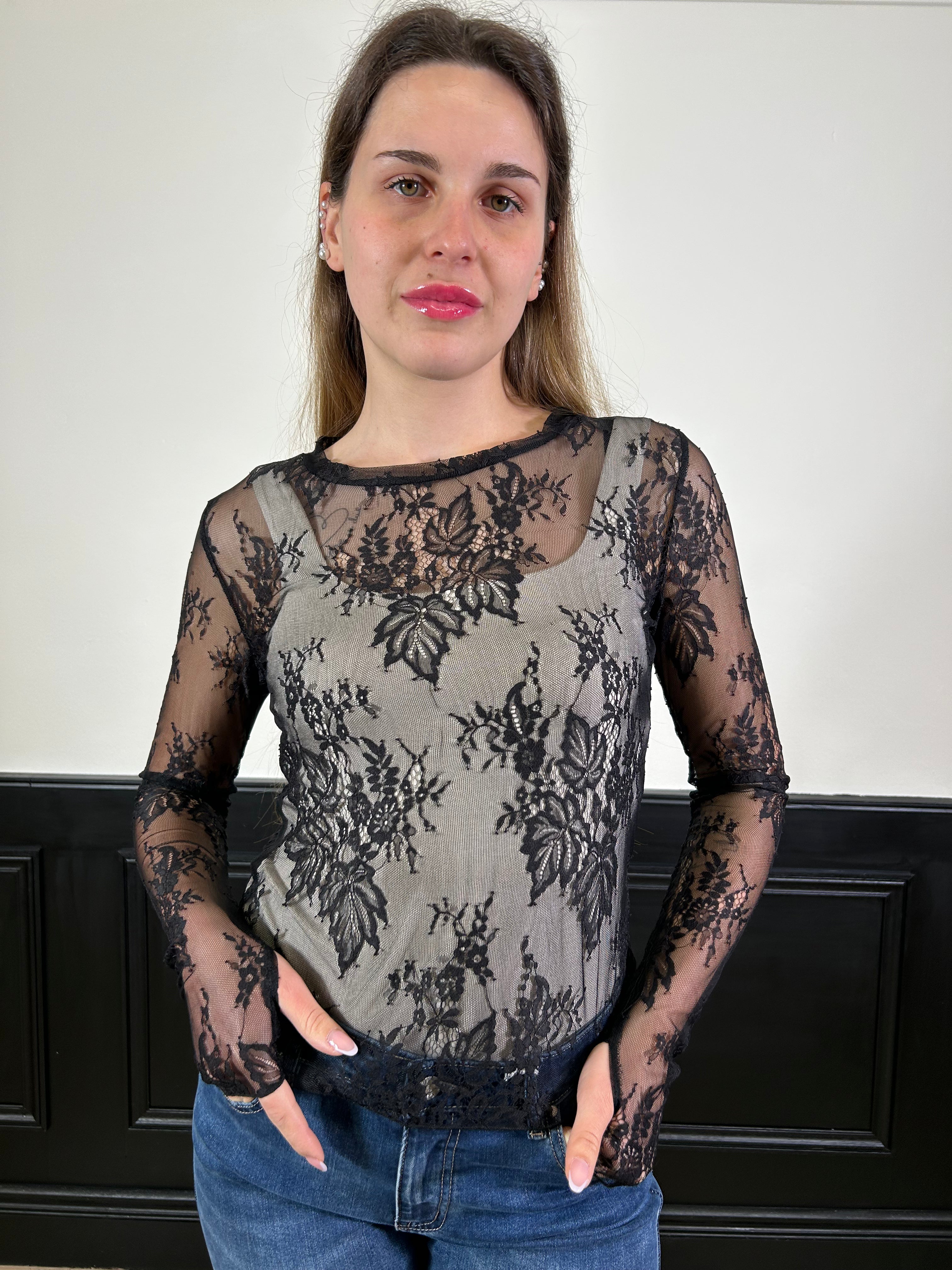 Maglia aderente in pizzo nera