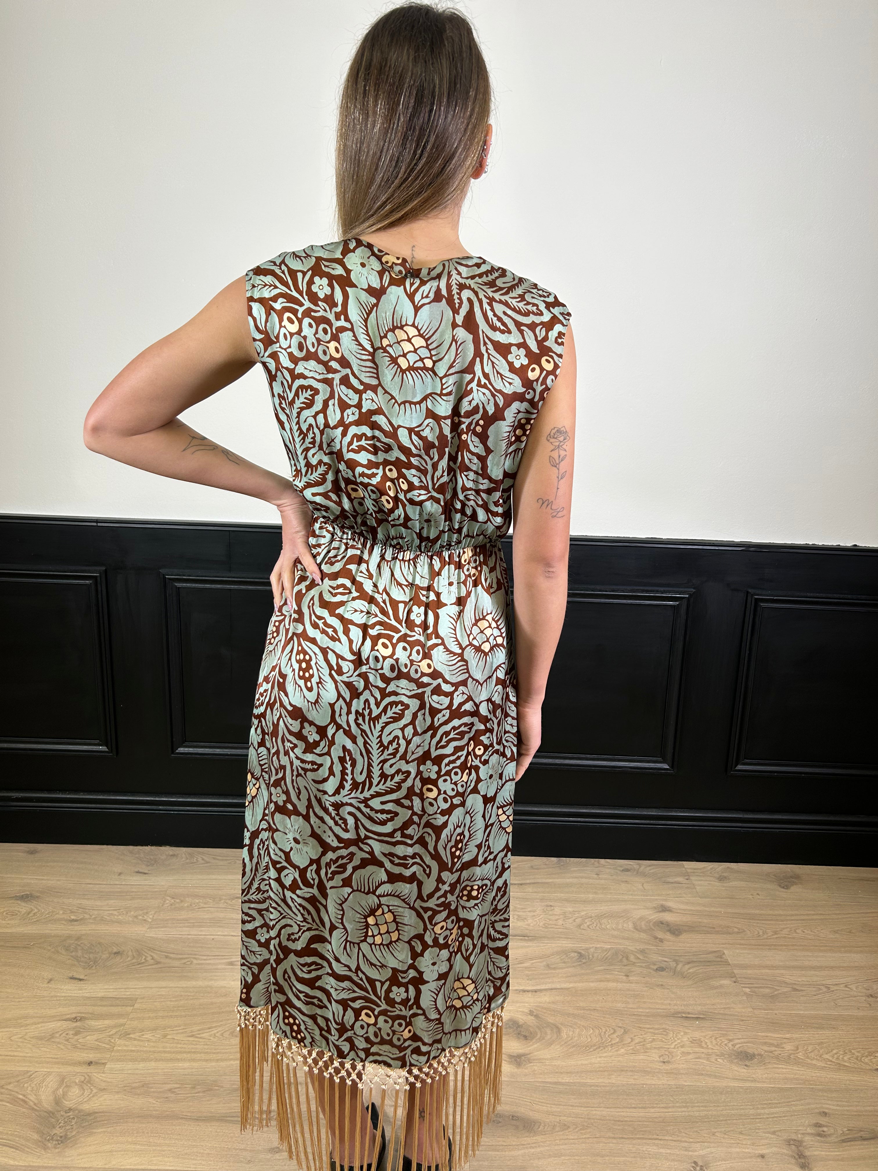 Abito jacquard fantasia foglie con frange